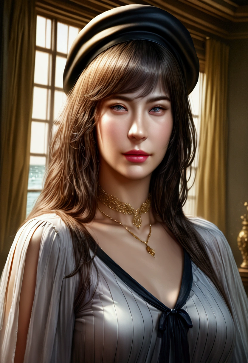 a very beautiful girl, golden necklaces, green eyes, french beret, horizontal black and white striped shirt, pierrot makeup, window overlooking the sea, (best quality,4k,8k,highres,masterpiece:1.2),ultra-detailed,(realistic,photorealistic,photo-realistic:1.37),intricate details,exquisite,elegant,cinematic lighting,warm color tones,award winning,digital painting