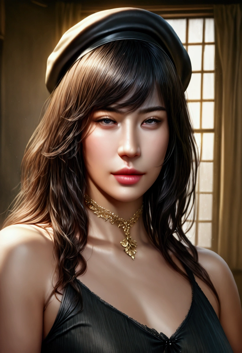 a very beautiful girl, golden necklaces, green eyes, french beret, horizontal black and white striped shirt, pierrot makeup, window overlooking the sea, (best quality,4k,8k,highres,masterpiece:1.2),ultra-detailed,(realistic,photorealistic,photo-realistic:1.37),intricate details,exquisite,elegant,cinematic lighting,warm color tones,award winning,digital painting