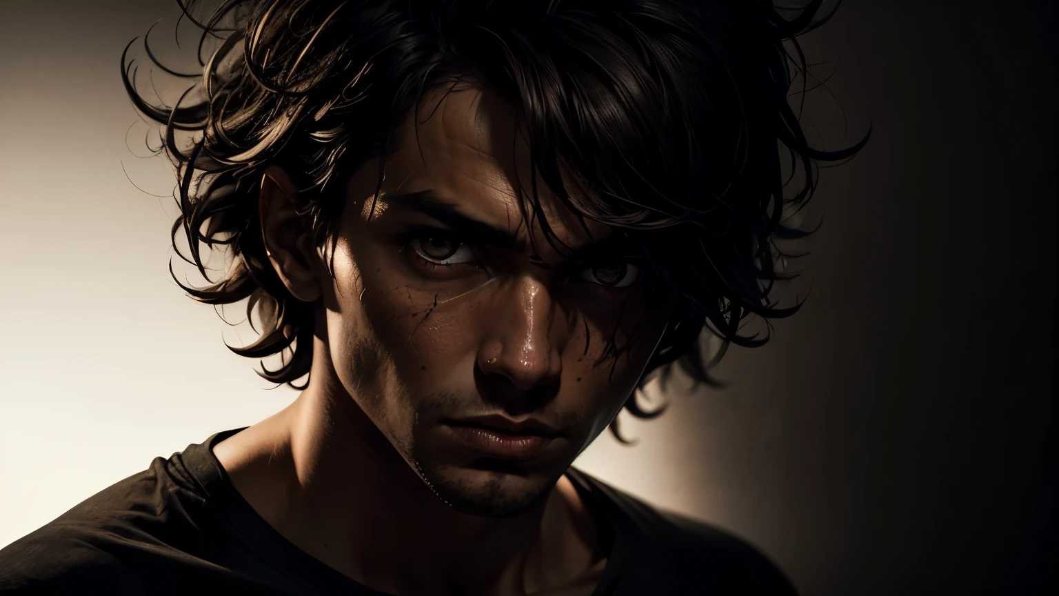 Vivid, high-contrast horror cowboy shot of a oVivid, high-contrast horror portrait of a guy, male, ((brown eyes)), with ((messy hair)), wearing a loose t-shirt under a dramatic, gritty lighting, careless, under a dramatic, gritty lighting, white background