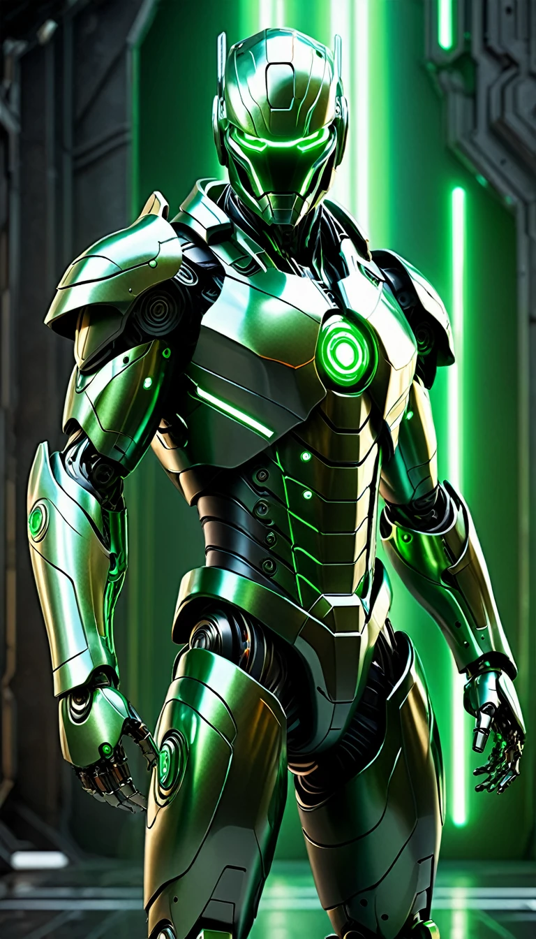 Create a full-body, advanced AI warrior avatar with a futuristic, high-tech appearance. The character should exude a powerful and commanding presence, blending elements of a humanoid robot and a mythical guardian. The armor should be sleek and intricate, seamlessly integrating advanced technology. The color scheme should include shades of green, bronze, and silver, with glowing accents to emphasize the character's energy and power. The character should have piercing green eyes and a radiant green aura, symbolizing its immense energy-based powers. Incorporate elements of earth and metal into the design, making the character appear as if it’s emanating rocky textures and metallic sheen. Ensure the character is visible from head to toe, standing confidently in a dramatic, high-tech environment. The backdrop should feature a "fusion" theme with elements of both earth and advanced technology, suggesting a sense of grounded strength and protection, with metallic shards and earthen elements merging seamlessly.