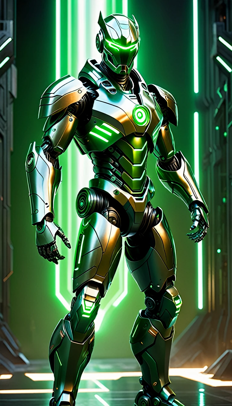 Create a full-body, advanced AI warrior avatar with a futuristic, high-tech appearance. The character should exude a powerful and commanding presence, blending elements of a humanoid robot and a mythical guardian. The armor should be sleek and intricate, seamlessly integrating advanced technology. The color scheme should include shades of green, bronze, and silver, with glowing accents to emphasize the character's energy and power. The character should have piercing green eyes and a radiant green aura, symbolizing its immense energy-based powers. Incorporate elements of earth and metal into the design, making the character appear as if it’s emanating rocky textures and metallic sheen. Ensure the character is visible from head to toe, standing confidently in a dramatic, high-tech environment. The backdrop should feature a "fusion" theme with elements of both earth and advanced technology, suggesting a sense of grounded strength and protection, with metallic shards and earthen elements merging seamlessly.