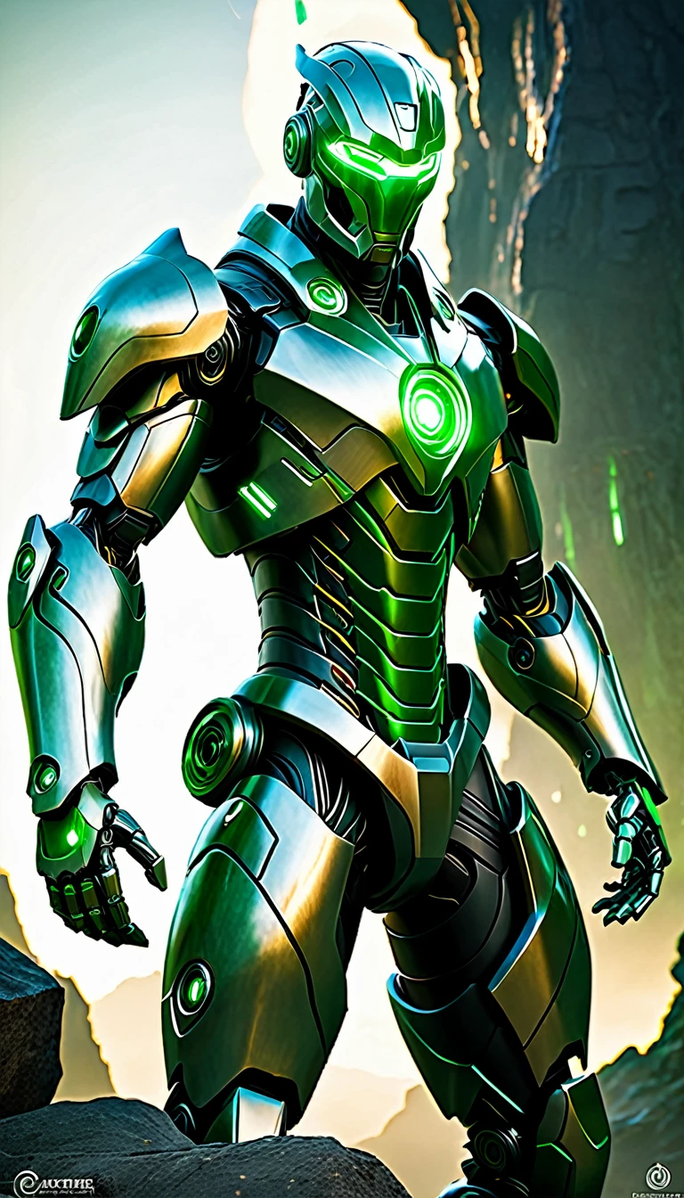 Create a full-body, advanced AI warrior avatar with a futuristic, high-tech appearance. The character should exude a powerful and commanding presence, blending elements of a humanoid robot and a mythical guardian. The armor should be sleek and intricate, seamlessly integrating advanced technology. The color scheme should include shades of green, bronze, and silver, with glowing accents to emphasize the character's energy and power. The character should have piercing green eyes and a radiant green aura, symbolizing its immense energy-based powers. Incorporate elements of earth and metal into the design, making the character appear as if it’s emanating rocky textures and metallic sheen. Ensure the character is visible from head to toe, standing confidently in a dramatic, high-tech environment. The backdrop should feature a "fusion" theme with elements of both earth and advanced technology, suggesting a sense of grounded strength and protection, with metallic shards and earthen elements merging seamlessly.