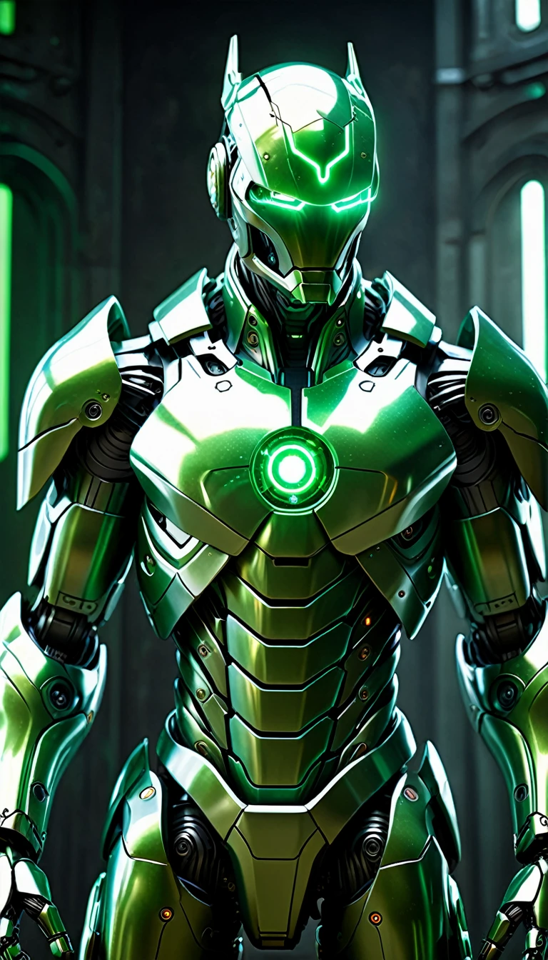 Create a full-body, advanced AI warrior avatar with a futuristic, high-tech appearance. The character should exude a powerful and commanding presence, blending elements of a humanoid robot and a mythical guardian. The armor should be sleek and intricate, seamlessly integrating advanced technology. The color scheme should include shades of green, bronze, and silver, with glowing accents to emphasize the character's energy and power. The character should have piercing green eyes and a radiant green aura, symbolizing its immense energy-based powers. Incorporate elements of earth and metal into the design, making the character appear as if it’s emanating rocky textures and metallic sheen. Ensure the character is visible from head to toe, standing confidently in a dramatic, high-tech environment. The backdrop should feature a "fusion" theme with elements of both earth and advanced technology, suggesting a sense of grounded strength and protection, with metallic shards and earthen elements merging seamlessly.