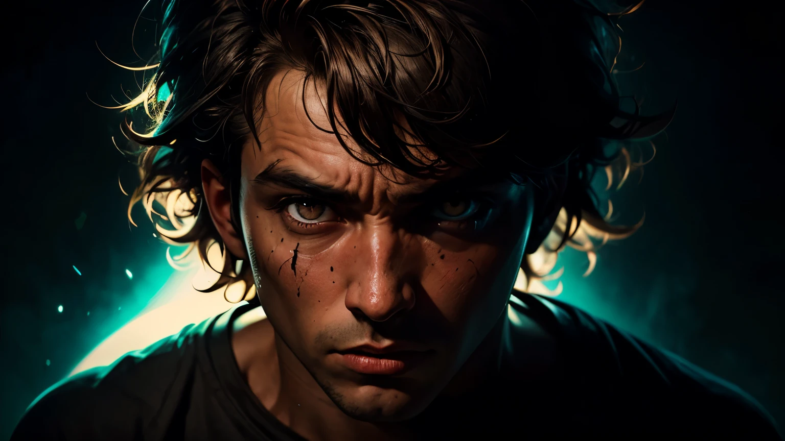 Vivid, high-contrast horror cowboy shot of a oVivid, high-contrast horror portrait of a guy, male, ((brown eyes)), with ((messy hair)), wearing a loose t-shirt under a dramatic, gritty lighting, careless, under a dramatic, gritty lighting, white background