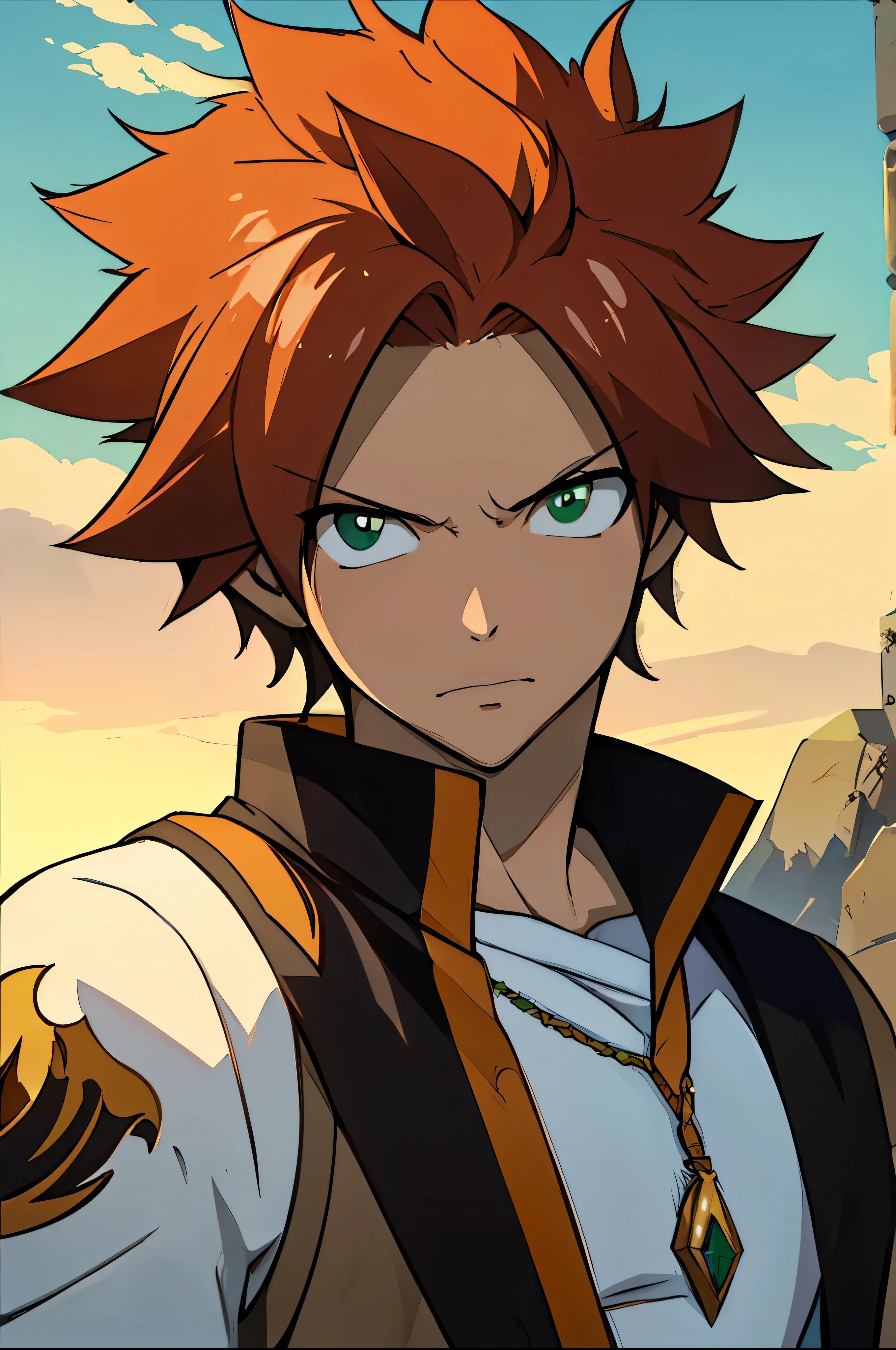 ((arte estilo anime)), (the highest image quality), (detailed strokes), Looking at the Viewer, all body, He is a , bry white skin, He has slightly disheveled ginger hair , light green eyes, , muscular body , anime art style Fairy Tail , sexy face, He is dressed in the anime male clothes "Fairy Tail", , 8k, high quality, masterpiece, , cinematic, vivid colors, shining green eyes