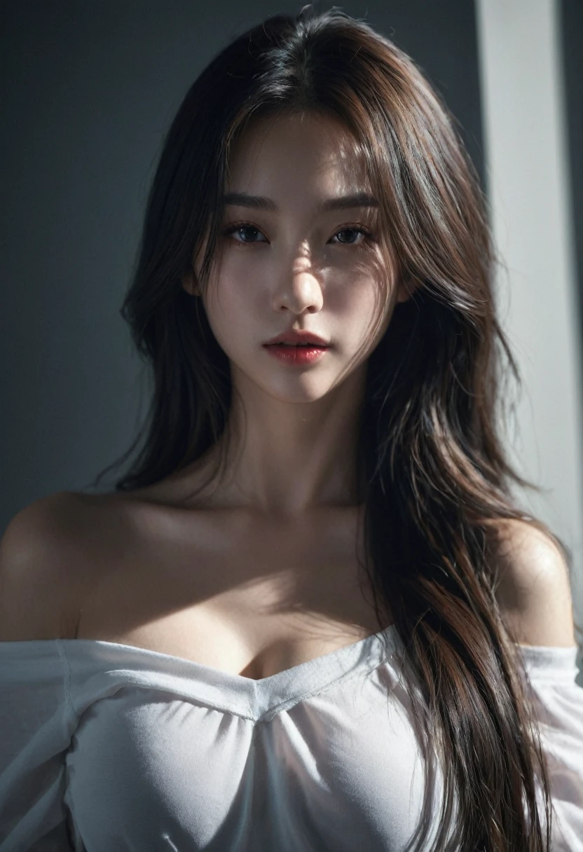 8k wallpaper, highest quality, masterpiece, realistic, Photoreal, super detailed, soft small breasts, model style, RAW photo of 19 year old woman, ((monochrome photography)), 1 adorable girl, (facing the front), upper body photo, (pale vermilion lips), detailed clavicle, perfect face, straight hair, super detailed, film grain, 超realistic, ultra realistic texture
