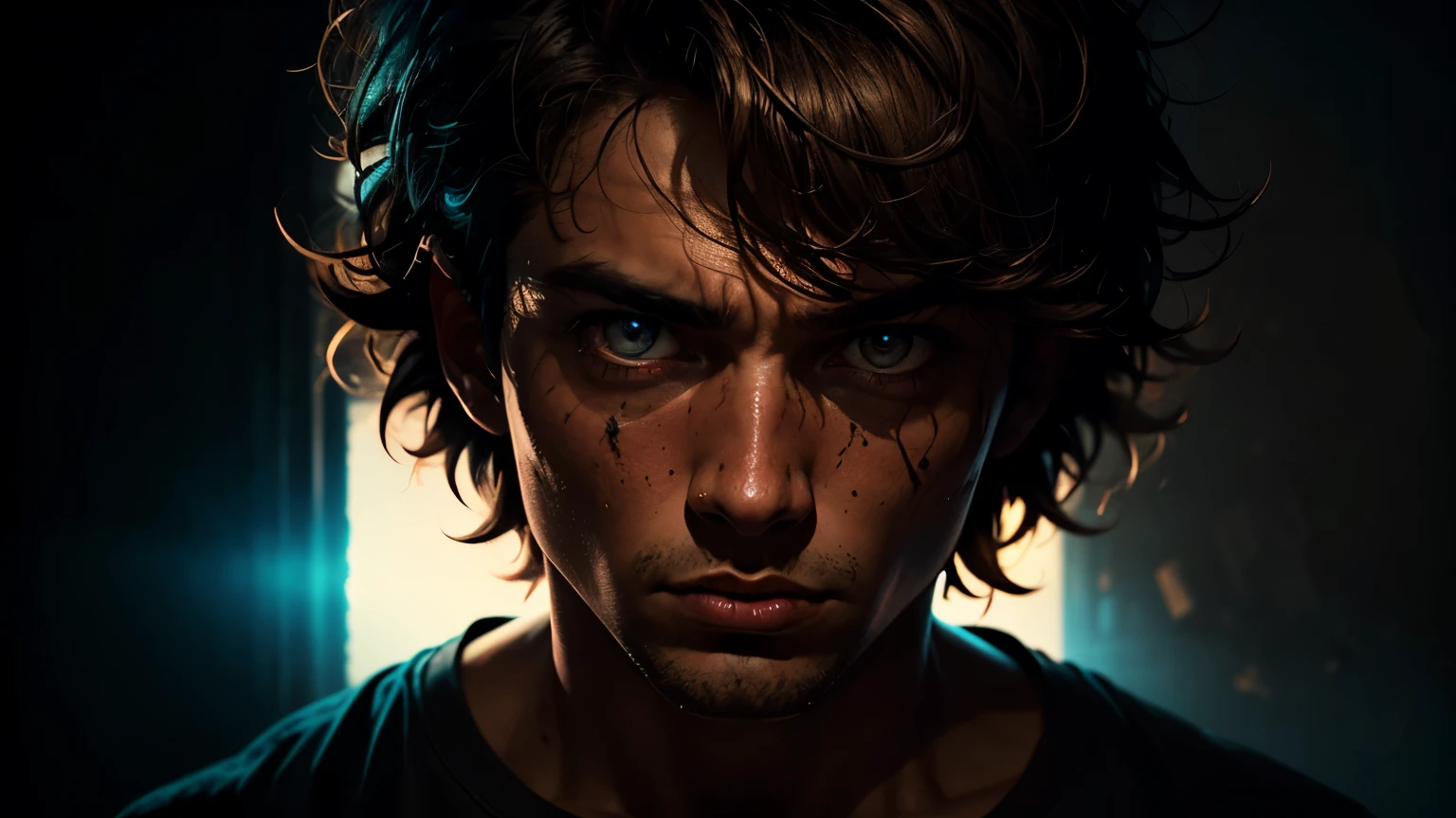 Vivid, high-contrast horror cowboy shot of a oVivid, high-contrast horror portrait of a guy, male, ((brown eyes)), with ((messy hair)), wearing a loose t-shirt under a dramatic, gritty lighting, careless, under a dramatic, gritty lighting, white background