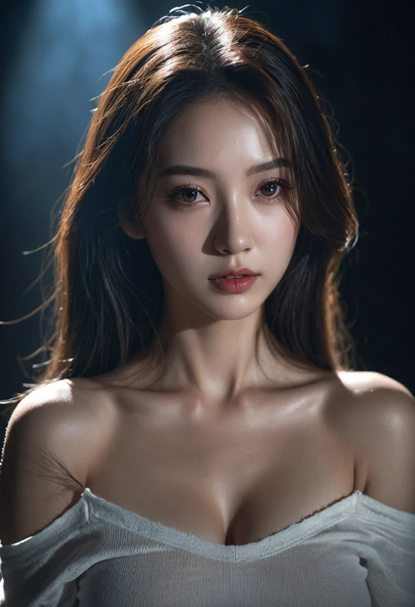 best quality, masterpiece, Ultra-high resolution, (Realistic:1.5), original photo, 1 girl, Off-shoulder, in the darkness, Deep shadows, Low profile, Cold Light, sexy look, long hair,Mix Girl,Yinglaite, Half-length photo,NSFW
