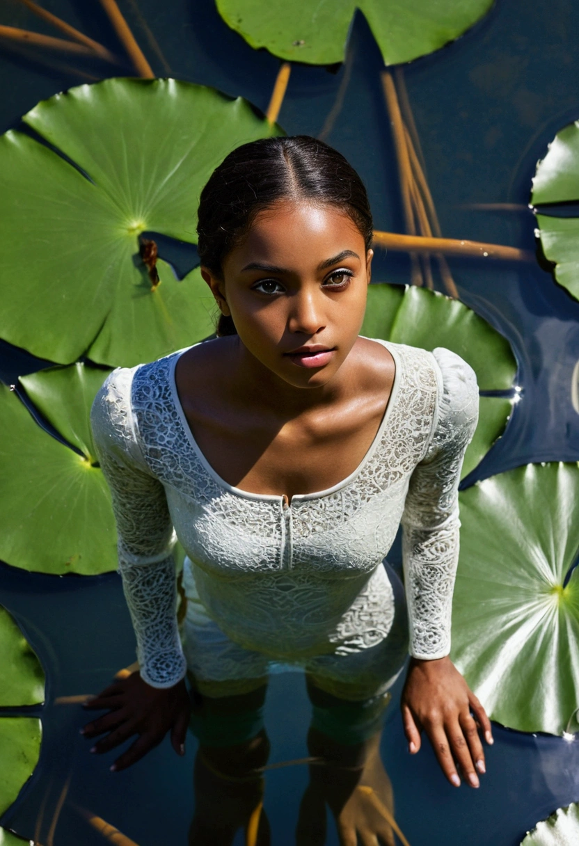 work of art, best qualityer, realisitic, 1 girl, standing alone, gazing at viewer, intricate background, lying, From above, new, water, reflection, (dark-skinned woman:0.4),