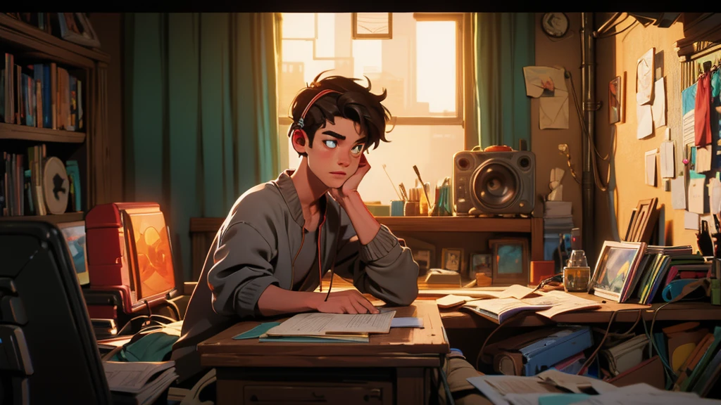 boy studying, with headphones, messy room, with TV, video games