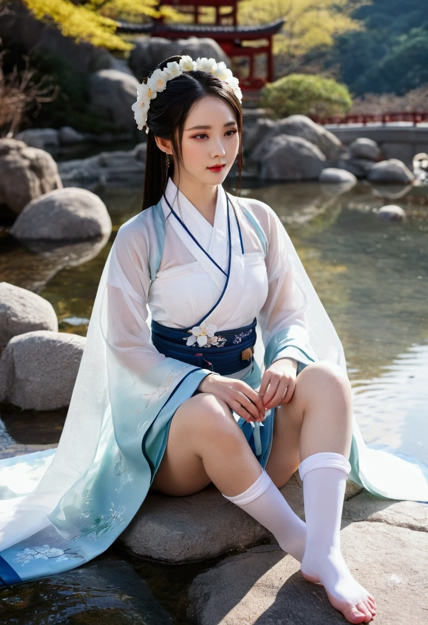 Hanfu, 1 girl, medium breasts, neckleace, moutain, soaking feet, sitting down, Chinese park background,white thigh highs,clean water,(feet:1.3), lot of flowers, covered in cum,