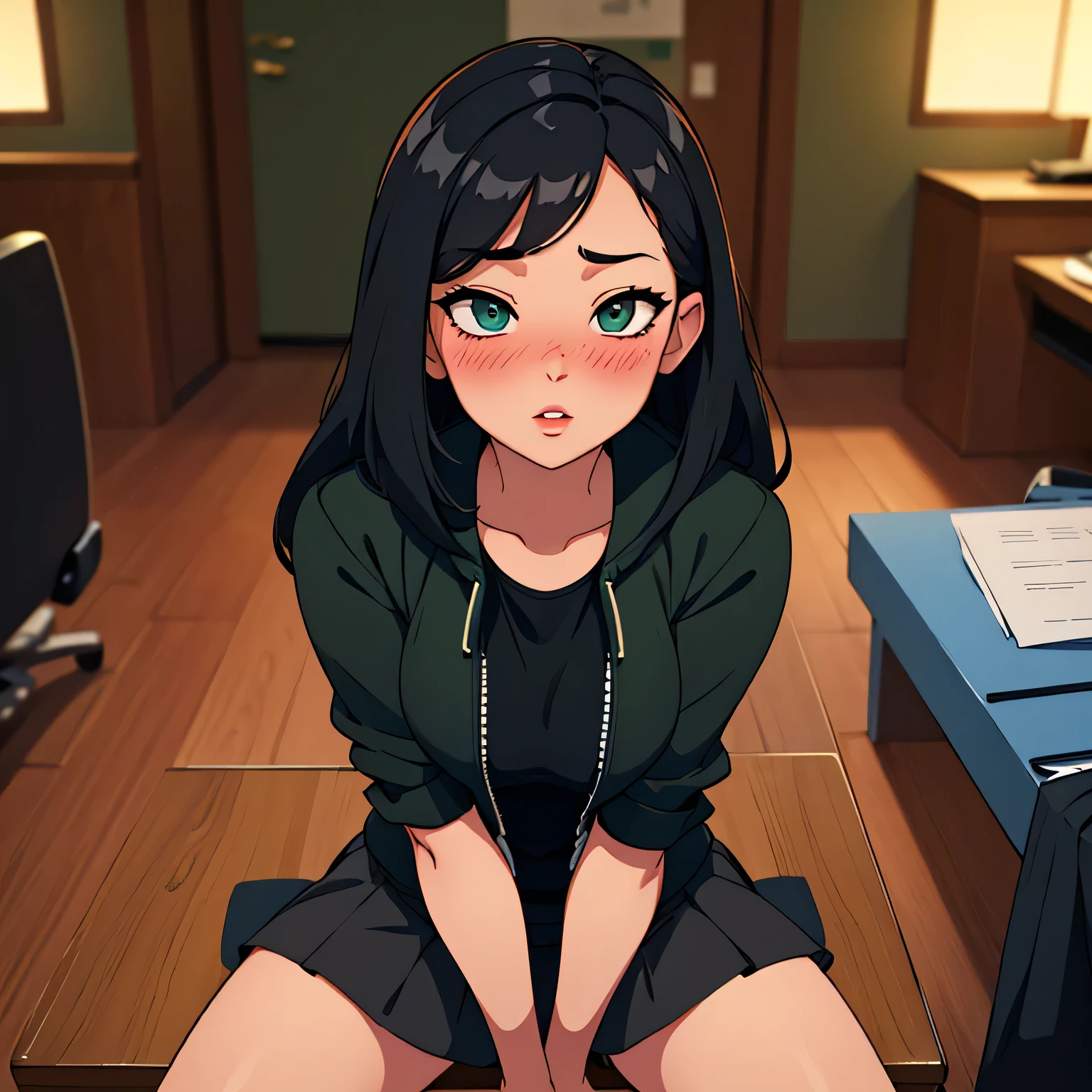 Sexy woman, long black luscious hair, seductive eyes, blushing, parted lips, black tank top, dark green jacket and skirt, sitting on desk, desperate