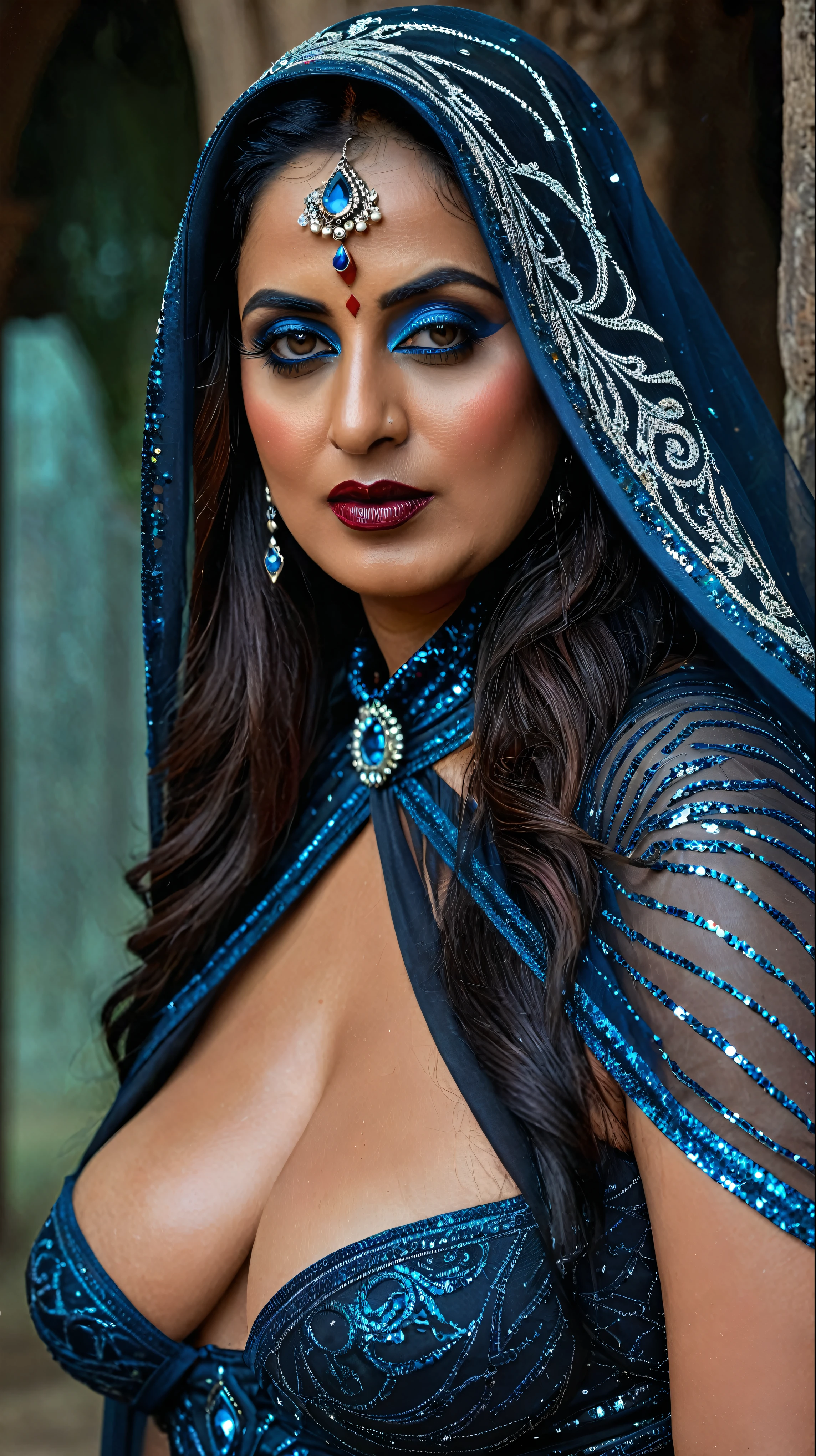Looks like Mahie Gill, full body Closeup shot, Big chubby aunty, milf, cougar lady witch, horny Gothic milf, 70 years old gorgeous mature lady, pervert demoness, demoness of lust, curvy, black lips, horny face, extremely gorgeous, thick figure, heavy physique, voluptuous, curvy, sexy figure, Fashionable portrait of androgynous alien looking witch wearing veil, glowing eyes, futuristic design, minimal details, givenchy, photoreal, 200mm, hd, f/ 2.0, highly detailed, surreal, sexy beautiful evil woman, sexy bold sequin Saree with strapless Bra, chudail, Pishachini, horror genre, blood-thirsty enchantress, powerful female spirit, eerie, drop dead, in the style of red and blue, (intricate details, hyperdetailed:1.15) (skin texture:1.2), dark Moody tone, cinematic lighting, haunted place in background,