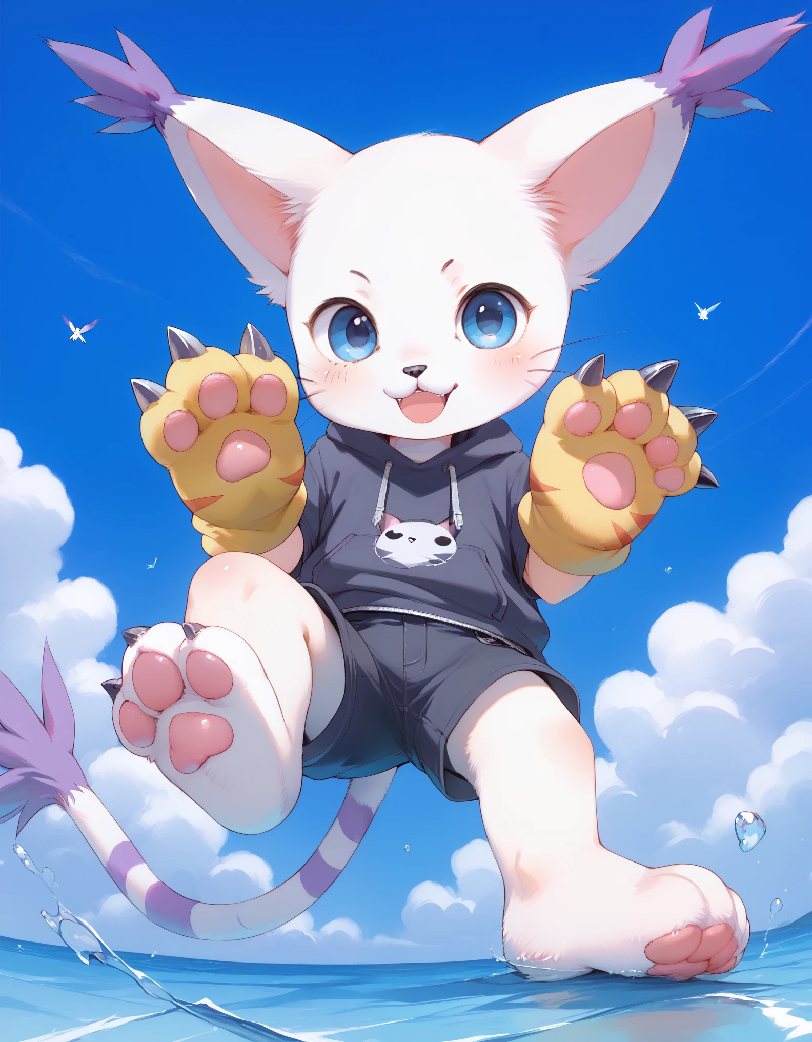 gatomon, feral, (digimon), solo, looking at viewer, blue eyes, white fur, striped tail, gloves, paw gloves, pawpads,,