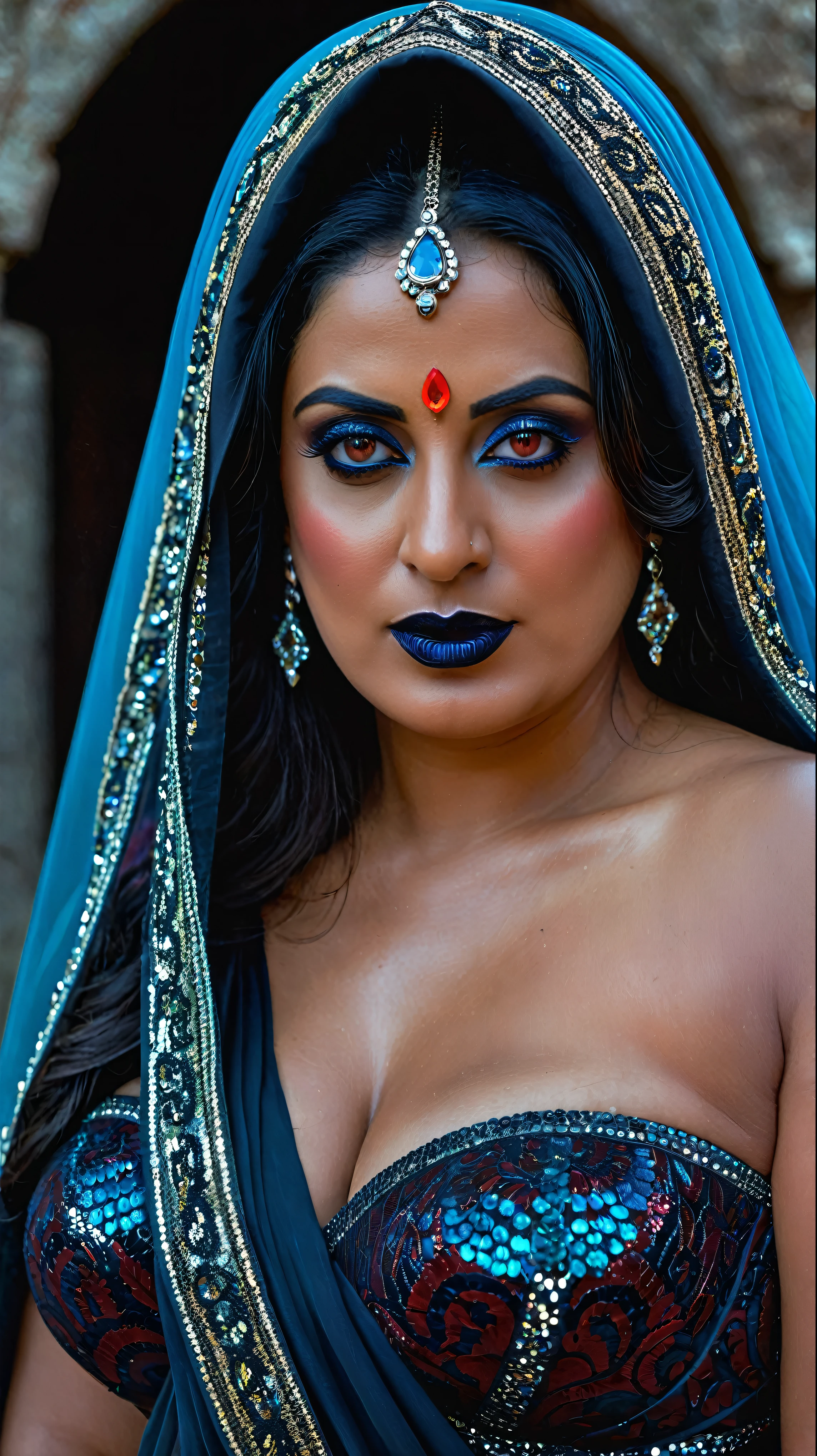 Looks like Mahie Gill, full body Closeup shot, Big chubby aunty, milf, cougar lady witch, horny Gothic milf, 70 years old gorgeous mature lady, pervert demoness, demoness of lust, curvy, black lips, horny face, extremely gorgeous, thick figure, heavy physique, voluptuous, curvy, sexy figure, Fashionable portrait of androgynous alien looking witch wearing veil, glowing eyes, futuristic design, minimal details, givenchy, photoreal, 200mm, hd, f/ 2.0, highly detailed, surreal, sexy beautiful evil woman, sexy bold sequin Saree with strapless Bra, chudail, Pishachini, horror genre, blood-thirsty enchantress, powerful female spirit, eerie, drop dead, in the style of red and blue, (intricate details, hyperdetailed:1.15) (skin texture:1.2), dark Moody tone, cinematic lighting, haunted place in background,