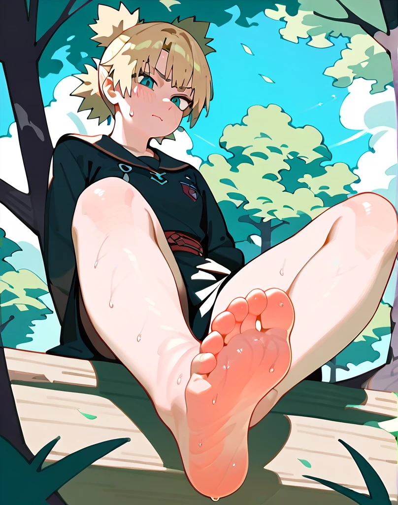 Temari sitting low angle showing her stinky feet，Detailed background，There are many trees behind，Sky，barefoot，Sweating on the soles of the feet，masterpiece,Black clothes，Correct anatomy，