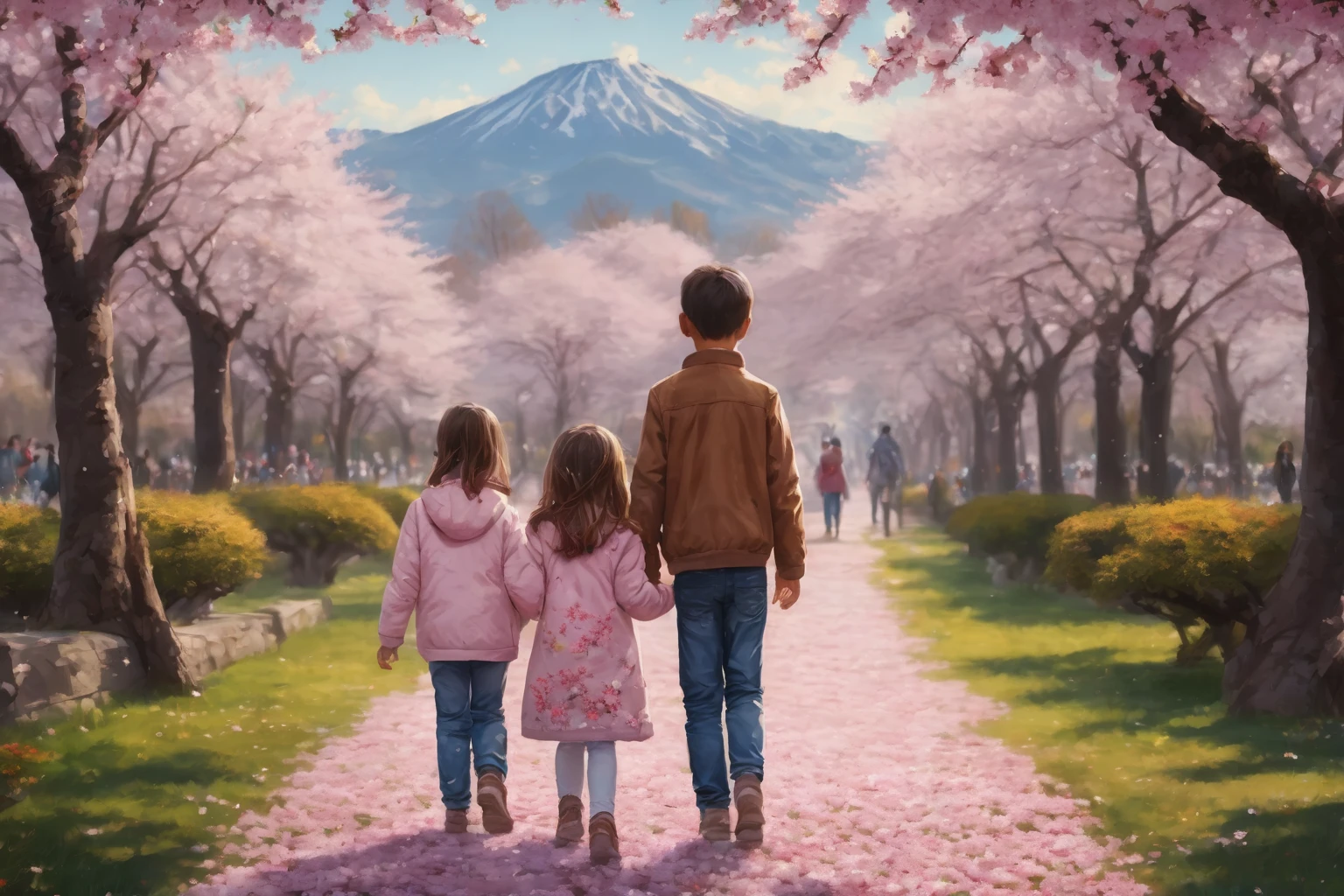 a brother and sister walking along a cherry blossom park, 1girl, 1boy, full body, masterpiece, best quality, detailed face, beautiful eyes, cute expression, detailed clothing, spring scenery, cherry blossom trees, sakura petals, warm lighting, vibrant colors, photorealistic