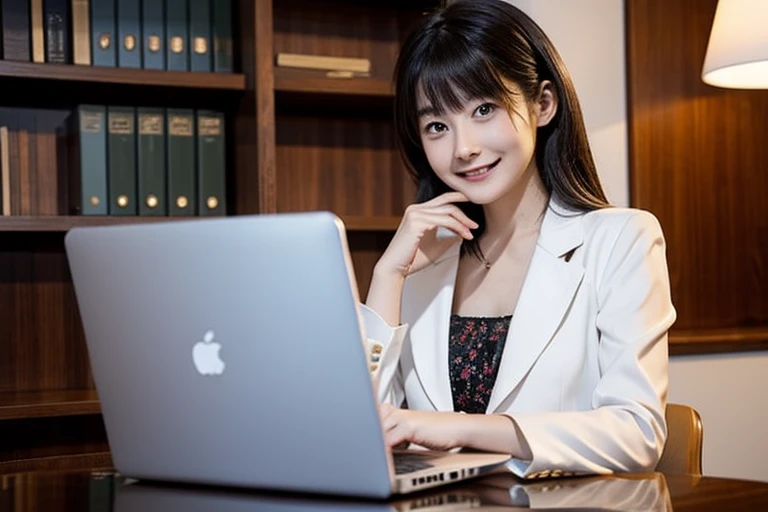 girl, solo, lawyer, A high-end law firm, Bookshelf, Desk lamp, Sit at a desk, Consult with customers, Working at a laptop, smile