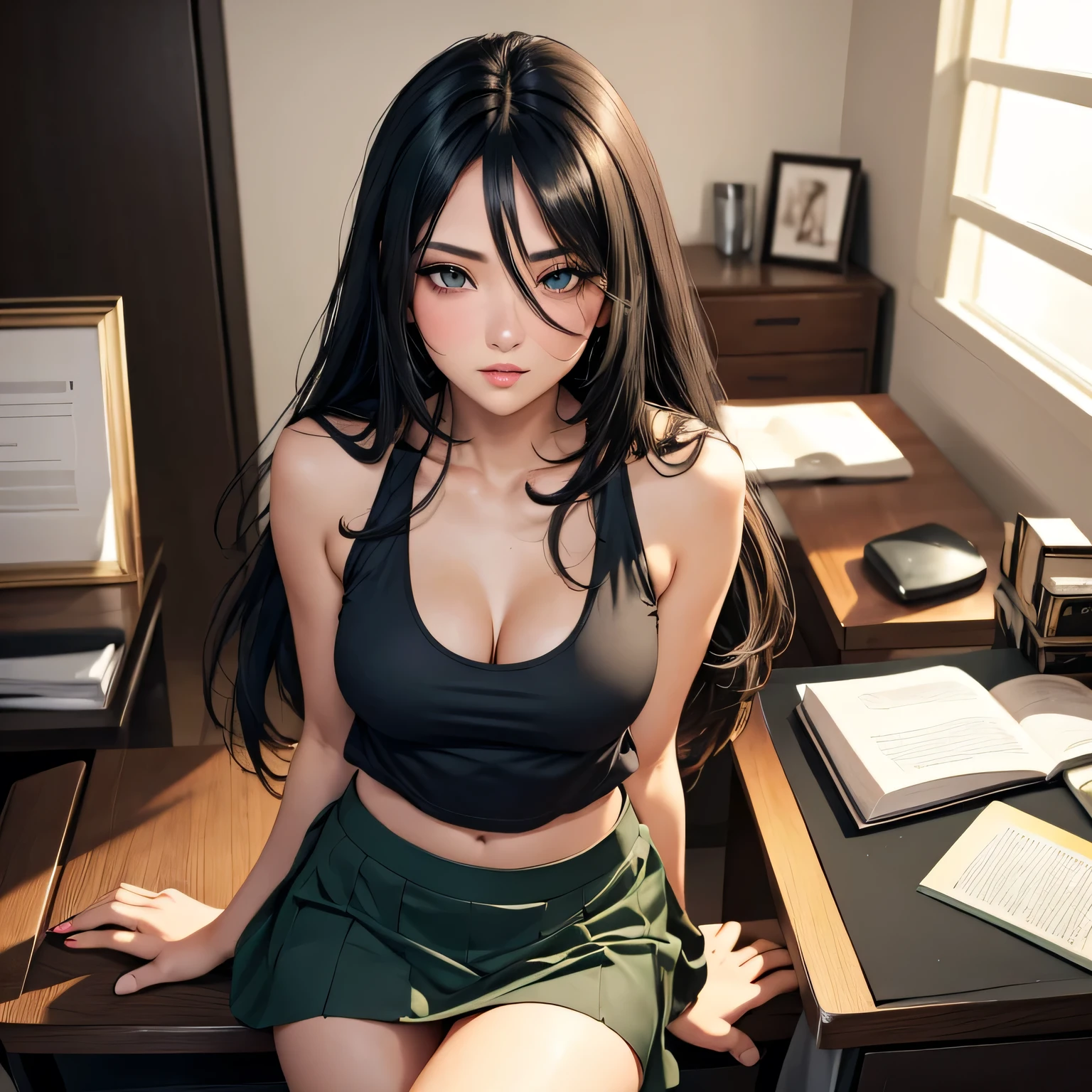 Sexy woman, long black luscious hair, seductive eyes, blushing, parted lips, black tank top, dark green jacket and skirt, sitting on desk, desperate