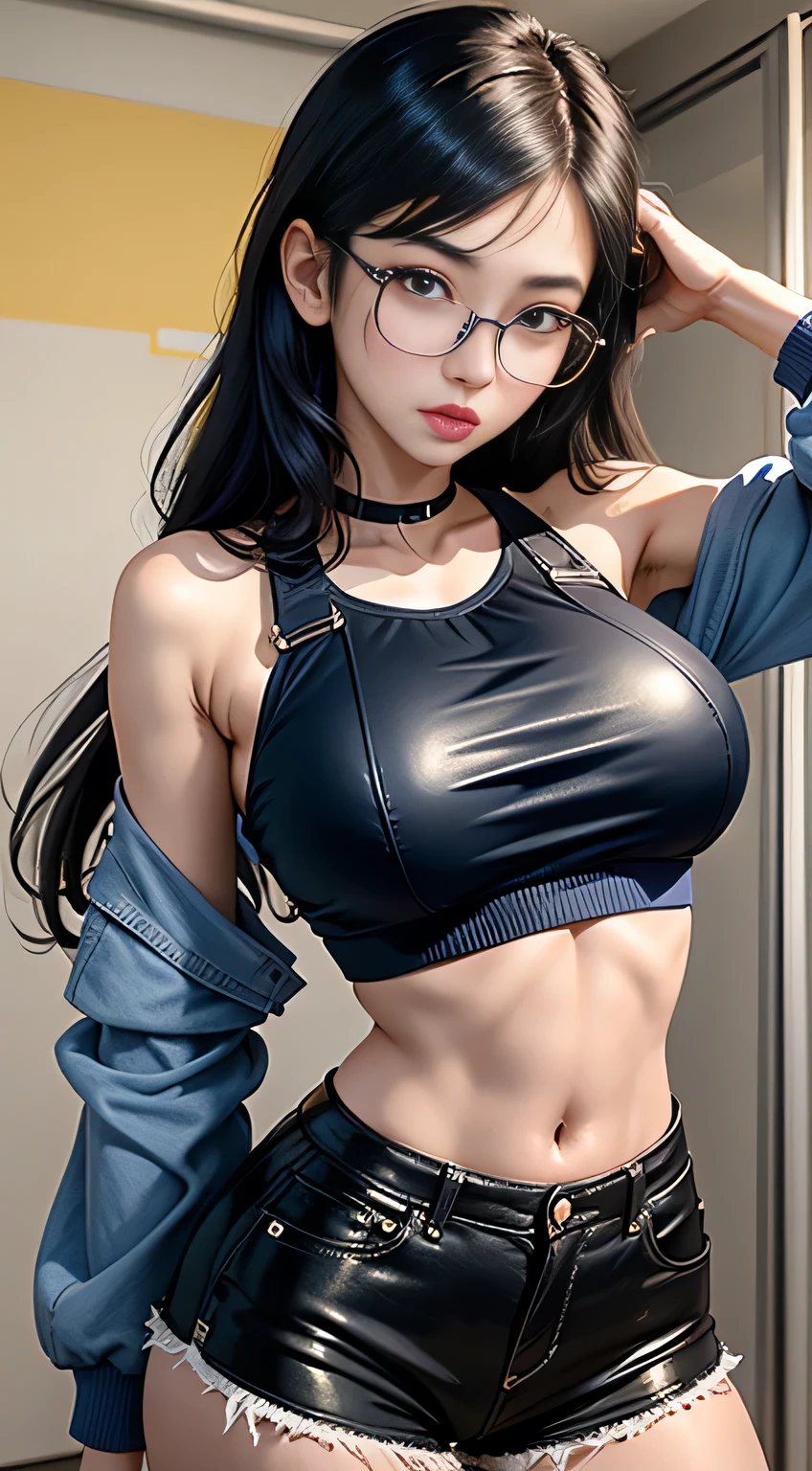 sfw, s girl,Golden ratio figure,Bangs hairstyle,Wear blue-framed glasses,Crop tops,Leather shorts,purse her lips slightly,Royal Sister,photorealestic,The background is in school, wearing bra,((skinny waist)), young asian girl, ((big breasted)),