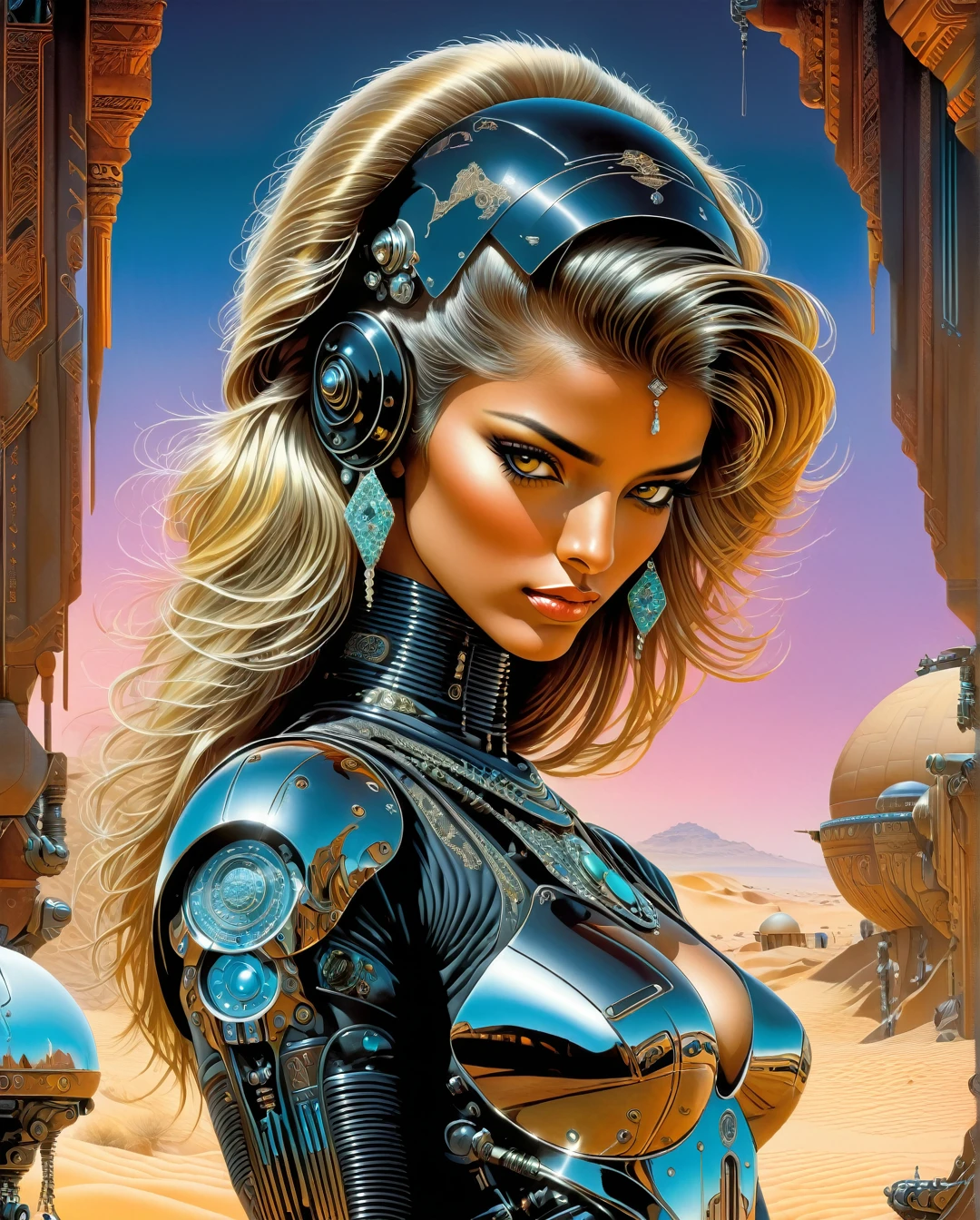 Art style by Noriyoshi Ohrai, Hajime Sorayama, Hiroshi Nagai, (Masterpiece, Top Quality, Super Deatail, High Resolution, Best Illustration), "An exceptional Saudi Arabian Bedouin female warrior adorned in a sleek, black metallic mechanical suit, seamlessly blending traditional Bedouin elements with cutting-edge cyberpunk aesthetics. The scene is set against a backdrop of a dark, dystopian sci-fi landscape, with neon-lit deserts and futuristic cityscapes. The art style echoes the retro 1980s, capturing the essence of that era's vibrant color palette and bold design. The composition should evoke a sense of mystery and power, with intricate details highlighting the fusion of ancient Bedouin culture and advanced technology."