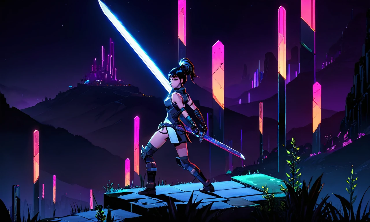 isometric landscape, a girl carrying a large sword, cyberpunk, dark mood, best quality, masterpiece,  painted, supgiantisosdxl, large landscape, dark, cartoon, neon,