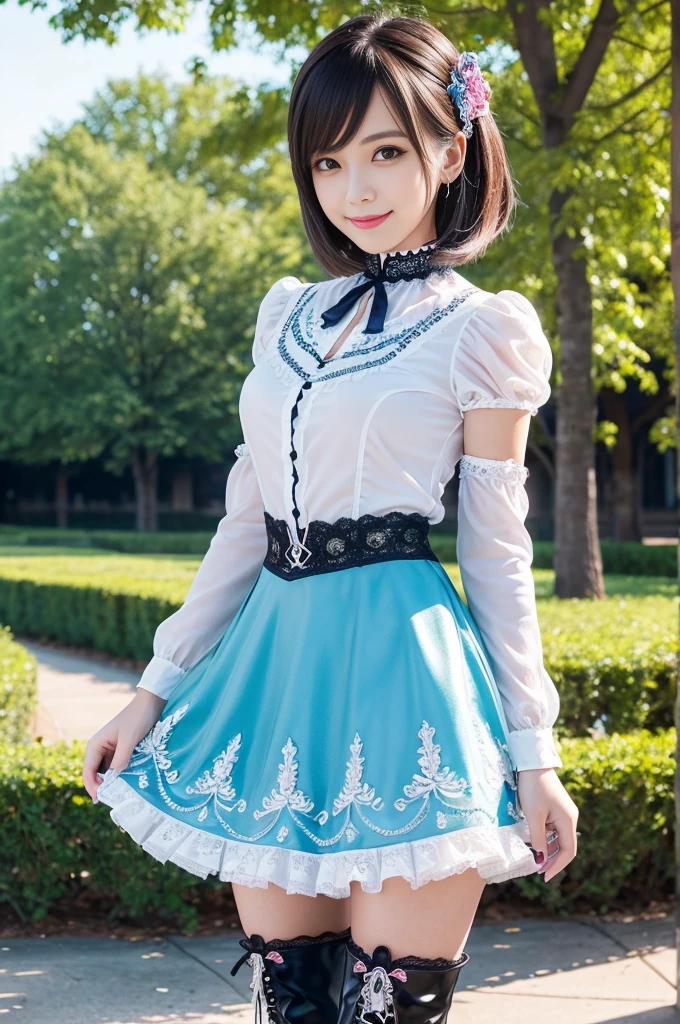 sexy stylish Swedish model, only 1 female, ((doll-like appearance)), very short stylish hair, ((shiny Aquors Love-Style boots)), (big smile), ultra detailed eyes,beautiful vivid eye makeup, lip-gloss, long lashes, defined eyebrows, ((sexy Aquors Love cosplay)), bell-shaped skirt, petticoats, ((ultra detailed lace)), ((ultra detailed embroidery)), intricate details, Aquors Love accessoires, Aquors Love choker, cinematic light, detailed large park background with trees