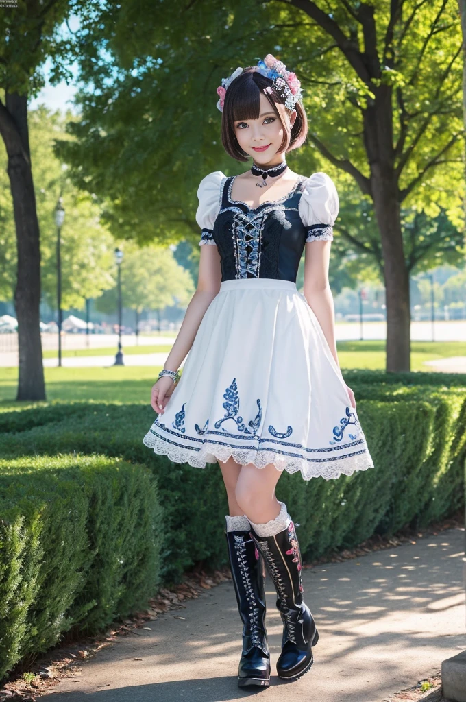 sexy stylish Swedish model, only 1 female, ((doll-like appearance)), very short stylish hair, ((shiny Aquors Love-Style boots)), (big smile), ultra detailed eyes,beautiful vivid eye makeup, lip-gloss, long lashes, defined eyebrows, ((sexy Aquors Love cosplay)), bell-shaped skirt, petticoats, ((ultra detailed lace)), ((ultra detailed embroidery)), intricate details, Aquors Love accessoires, Aquors Love choker, cinematic light, detailed large park background with trees