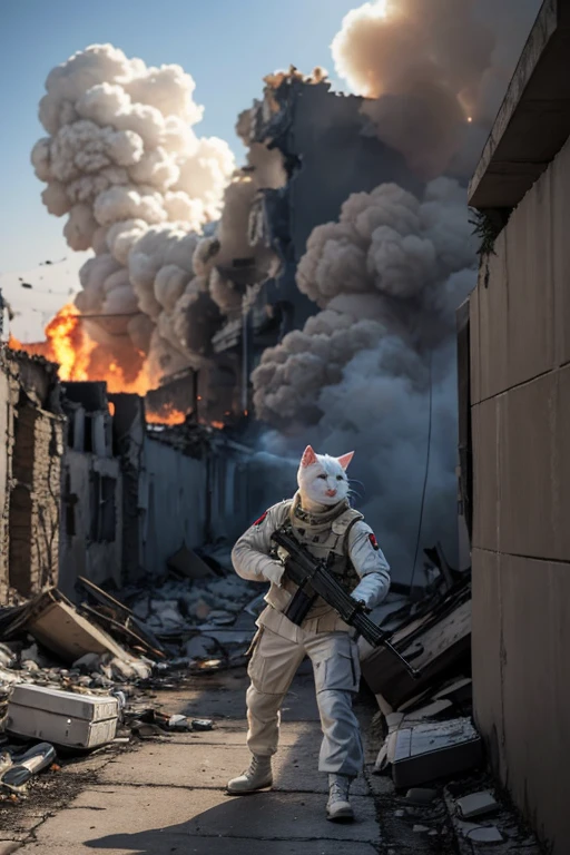 a humanoid white cat, russian military camouflage dress, firing his AK-47 while taking cover behind a wall, The background is a destroyed city with smoke and fire