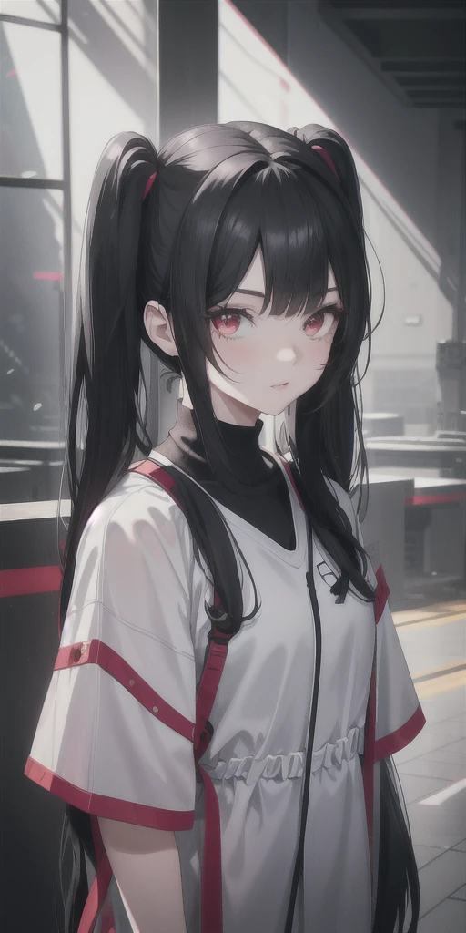 A girl with black hair and red eyes wearing casual dress, pigtails/twin tails, beautiful detailed eyes, beautiful detailed lips, extremely detailed eyes and face, long eyelashes, realistic, photorealistic, photo-realistic:1.37, 4k, 8k, highres, masterpiece:1.2, ultra-detailed, vivid colors, studio lighting, physically-based rendering, sharp focus, concept art