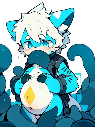 Cat,male,charming,Handsome,White hair,Blue pupils,Gold Leisure Copy,detailed,Futuristic,Cyberpunk,Pure white background,The only person,Shota,hairy,detailed手,Raw eggs,pain,Tears,Facehugger,Tentacles,pregnant,满身milk,milk