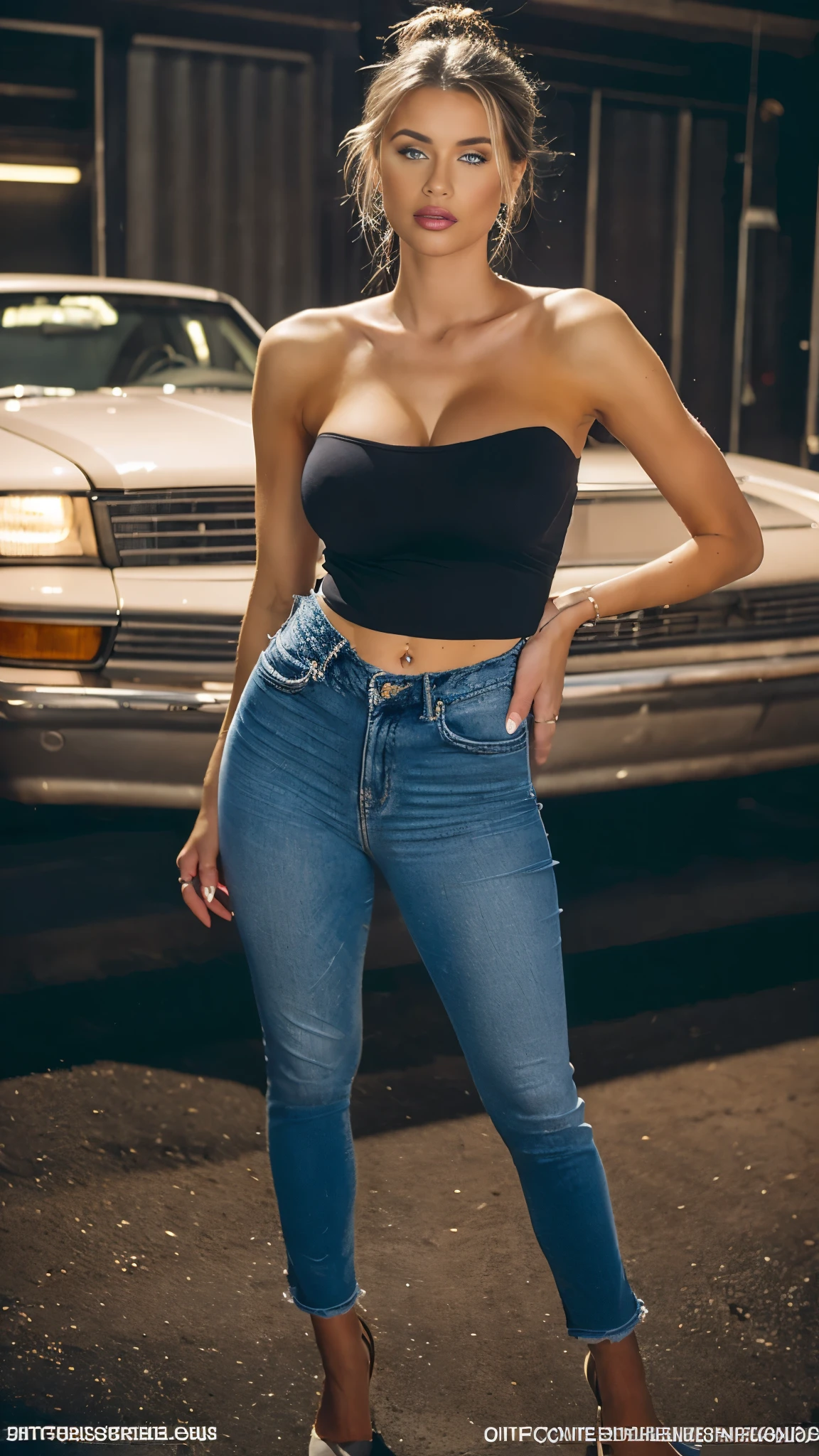 (Mikayla Demaiter), a sexy young girl, messy bun hair, glossy lips, braless, wearing white tube top shirt with spandex and jeans short pant, stilettos, high heels, long legs, at classic garage car, dynamic lighting, masterpiece, ultra detailed, movie scene, dramatic photo, perspective, vignette, cinematic