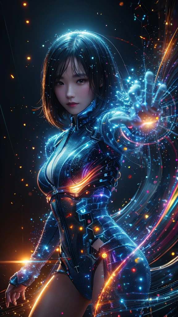 Ultra-Realistic Capture,18k,RAW Photos,Highest quality,masterpiece,reality,Very detailed,live-action,Very beautiful woman,Detailed face,Glowing Skin,Rainbow,Automata,cyber punk,18-year-old ,Model body type,slim,So many LEDs,Clothes made of light particles,Machine Body,Electronic devices embedded in the body,transparent,Very detailedな電子機器,Connection line,Rainbow colors,非常に長いneonカラーの髪,whole body,Large Breasts,Acrobatic poses,Raise the middle finger,neon,Long limbs,