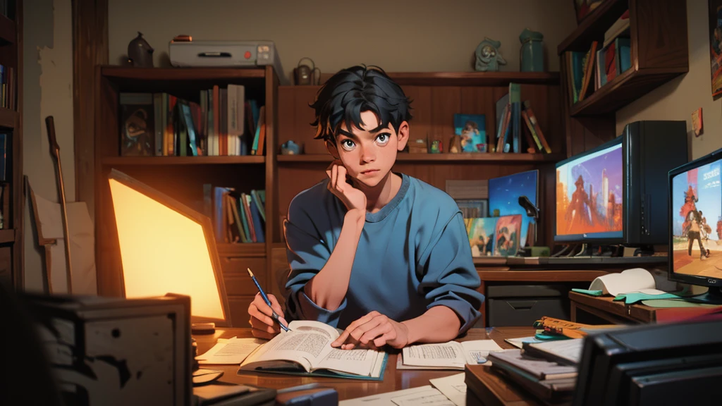 boy sitting, studying at a desk, Messy room, with tv, videogame