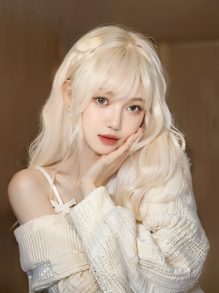 Blonde girl with long hair and white sweater posing for photo, Long white hair and bangs, with white hair, Urzan, with long white hair, perfect white haired girl, white hair girl, pale porcelain skin, long blond hair, Light milky white porcelain skin, extremely pale blond hair, Larissa Manobar, her hair is white
