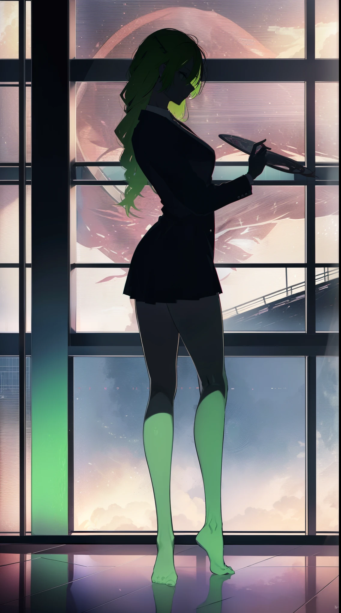 Hyper-realistic super detailed sexy Mitsuri Kanroji, NSFW, Very detailed, sexy facial expressions, Detail of seductive facial expression.: 1.4): 0.4], 16K resolution, 4k-resolution, dynamic  lighting, high-definition resolution, (pose sexy, Attractive position), (hyperrealistic: 1.4), (Backlight: 1.2), (Sun light: 1), (full height: 1.8),(contrasting background: 1.5), (Hyperrealistic arm anatomy), (hyperrealistic leg anatomy), (clean skin), (cinematic lighting: 1.7), (intimate), (NVIDIA RTX Ray Tracing Technology), (Perfect flat stomach), (color image),Create a 4K resolution, ultrarealistic, and extremely detailed artwork depicting a Mitsuri Kanroji CEO in a provocatively styled corporate office environment. Mitsuri Kanroji, the central character of the work of art., Known for her commanding presence and bold appearance. She stands in front of a large glass window of a modern office that offers a view of the cityscape..

 ((Mitsuri Kanroji (Murderer of demons))), a girl with long pinkish green gradient hair and green eyes, green hair, ombre hair, multicolored hair, Long hair. Sha has an imposing presence. It has a provocative but professional silhouette, with a fitted business suit that subtly highlights your figure. Her bold makeup, with striking red lips and a look that demands attention.

She dressed provocatively,  A bold fashion statement. bright colored leotard, a touch of glamor to your overall appearance. shy and weak smile