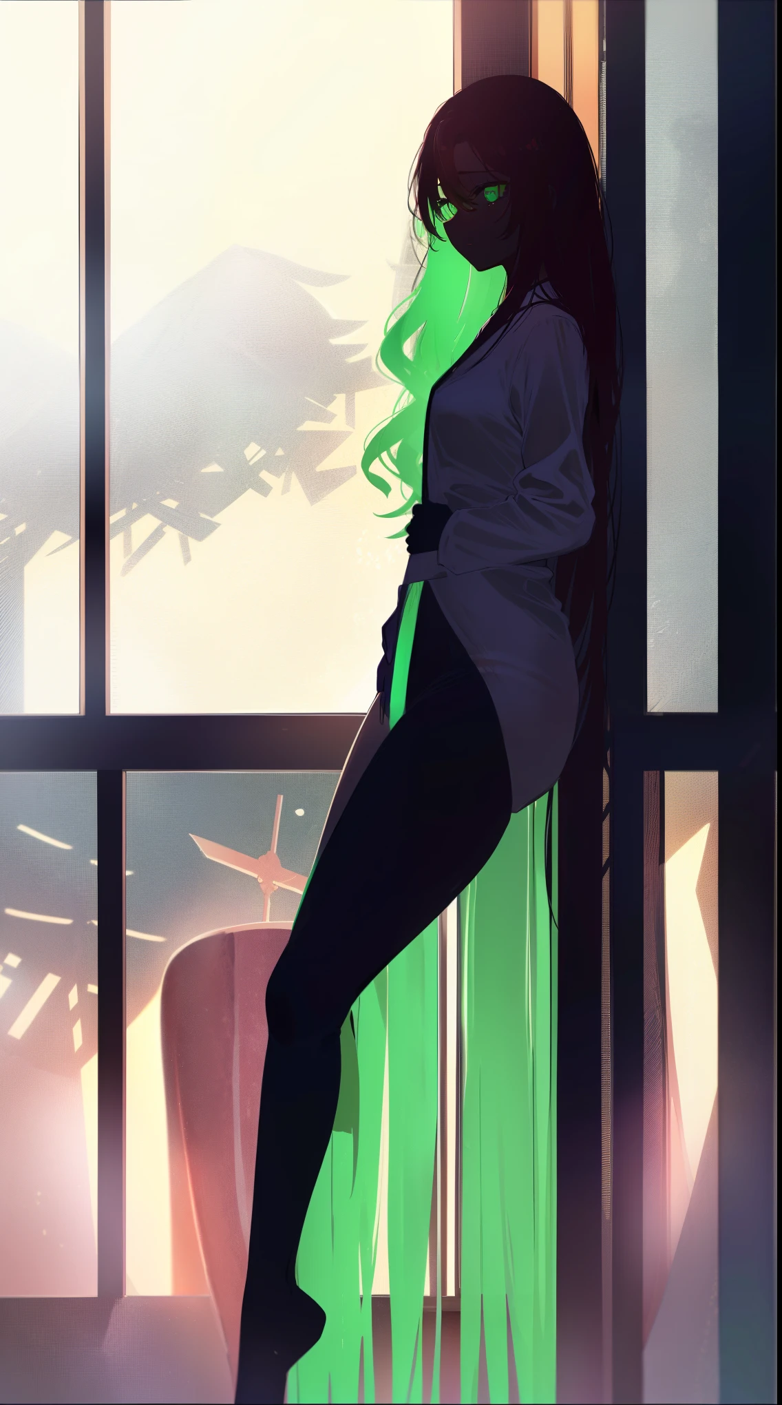 Hyper-realistic super detailed sexy Mitsuri Kanroji, NSFW, Very detailed, sexy facial expressions, Detail of seductive facial expression.: 1.4): 0.4], 16K resolution, 4k-resolution, dynamic  lighting, high-definition resolution, (pose sexy, Attractive position), (hyperrealistic: 1.4), (Backlight: 1.2), (Sun light: 1), (full height: 1.8),(contrasting background: 1.5), (Hyperrealistic arm anatomy), (hyperrealistic leg anatomy), (clean skin), (cinematic lighting: 1.7), (intimate), (NVIDIA RTX Ray Tracing Technology), (Perfect flat stomach), (color image),Create a 4K resolution, ultrarealistic, and extremely detailed artwork depicting a Mitsuri Kanroji CEO in a provocatively styled corporate office environment. Mitsuri Kanroji, the central character of the work of art., Known for her commanding presence and bold appearance. She stands in front of a large glass window of a modern office that offers a view of the cityscape..

 ((Mitsuri Kanroji (Murderer of demons))), a girl with long pinkish green gradient hair and green eyes, green hair, ombre hair, multicolored hair, Long hair. Sha has an imposing presence. It has a provocative but professional silhouette, with a fitted business suit that subtly highlights your figure. Her bold makeup, with striking red lips and a look that demands attention.

She dressed provocatively,  A bold fashion statement. bright colored leotard, a touch of glamor to your overall appearance. shy and weak smile