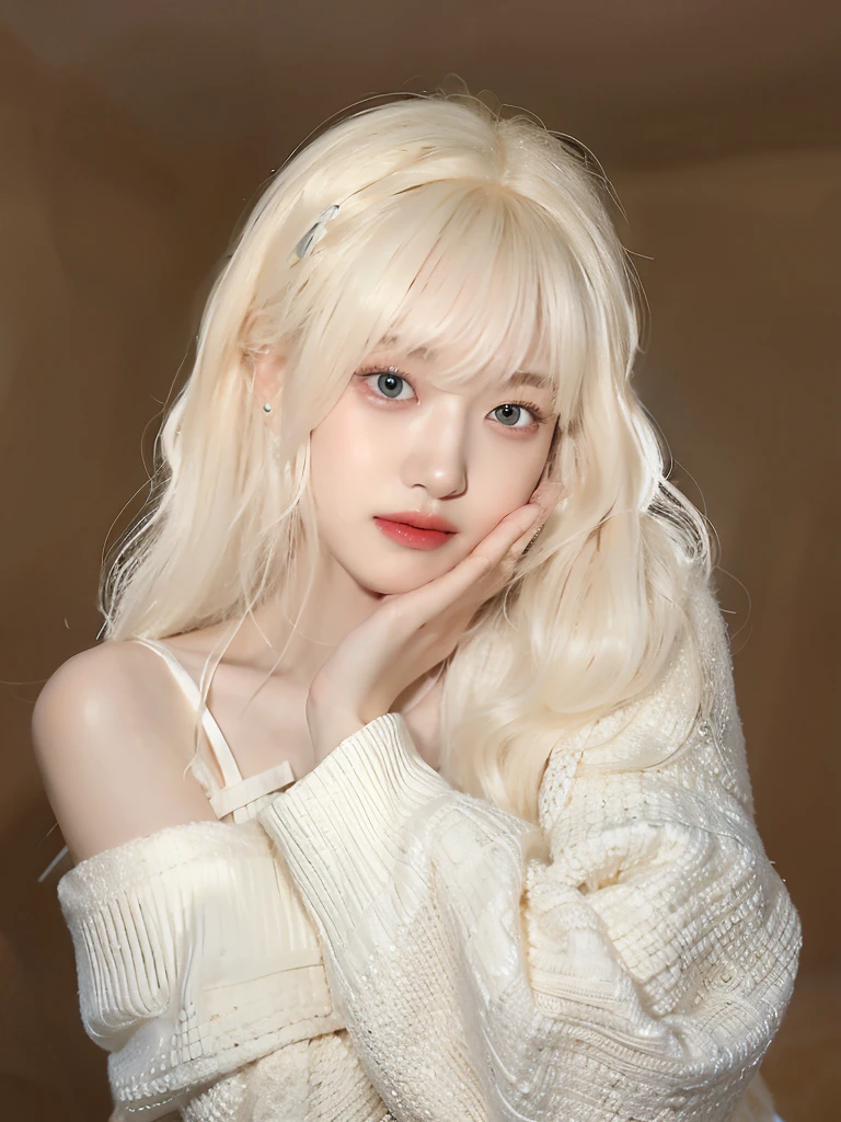 Blonde girl with long hair and white sweater posing for photo, Long white hair and bangs, with white hair, Urzan, with long white hair, perfect white haired girl, white hair girl, pale porcelain skin, long blond hair, Light milky white porcelain skin, extremely pale blond hair, Larissa Manobar, her hair is white