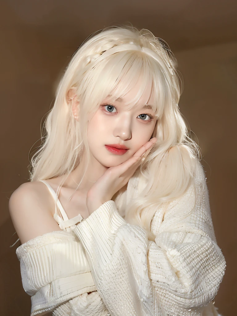 Blonde girl with long hair and white sweater posing for photo, Long white hair and bangs, with white hair, Urzan, with long white hair, perfect white haired girl, white hair girl, pale porcelain skin, long blond hair, Light milky white porcelain skin, extremely pale blond hair, Larissa Manobar, her hair is white