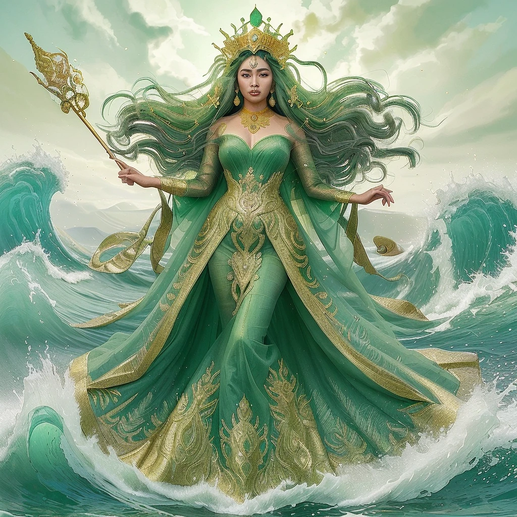 A stunning illustration of Nyai Roro Kidul in her emerald-green gown adorned with gold, her long hair flowing as she stands majestically amidst the waves.