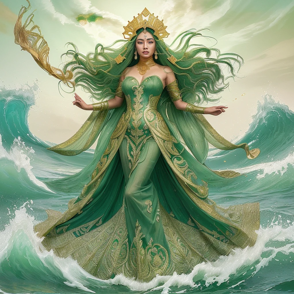 A stunning illustration of Nyai Roro Kidul in her emerald-green gown adorned with gold, her long hair flowing as she stands majestically amidst the waves.