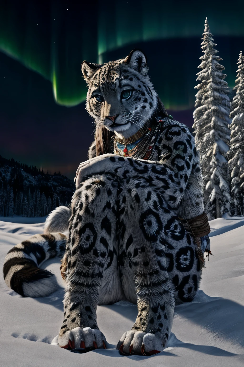 Snow Leopard, Humanity, furry, woman, woman, fur, detailed fur masterpiece, Highest quality, Digital Art, (Realistic:0.3), comics, Fine Lines, High resolution, Visually stunning (Detailed lighting, Depth of written boundary:0.9), Detailed Color, Vibrant colors, perfect hands, Fine hand (beautiful, cute, fluffy:1.2), Detailed body, Barefoot hairy character ,One girl,Person sitting barefoot in the snow, Nice legs, Soles and pads,smile,nature, Tribal accessories, Tribal costume, Colorful aurora borealis,Night