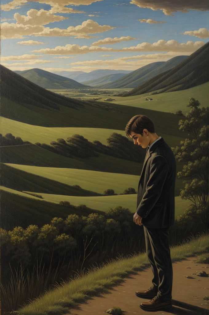 A sad boy in a sad landscape in oil
