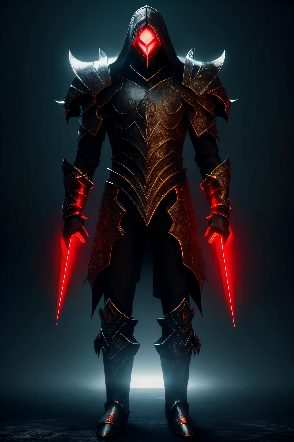 A tall, slender man, with a dark aura surrounding him. His skin is pale as the moon, contrasting with the dark hair that falls in disheveled locks down to the shoulders. His eyes are deep and piercing, deep red that glows with unearthly intensity. On his face there are scars that testify to ancient battles and an expression hardened by pain. He wears imposing black armor made of shadowy metal that appears to absorb the light around him.. Arcane symbols are engraved on his armor, pulsating with a faint red glow.