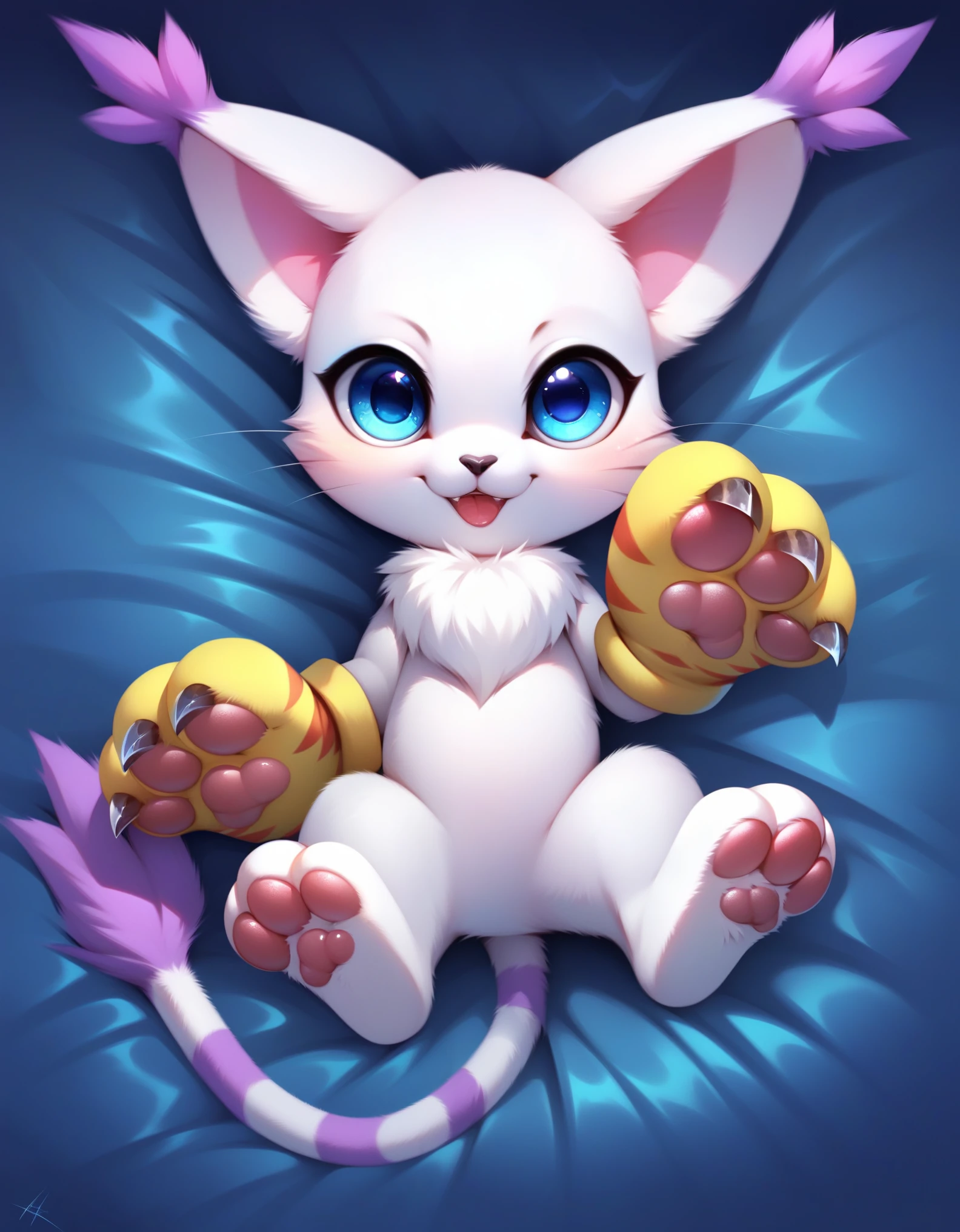 gatomon, feral, (digimon), solo, looking at viewer, blue eyes, white fur, striped tail, gloves, paw gloves, pawpads,,