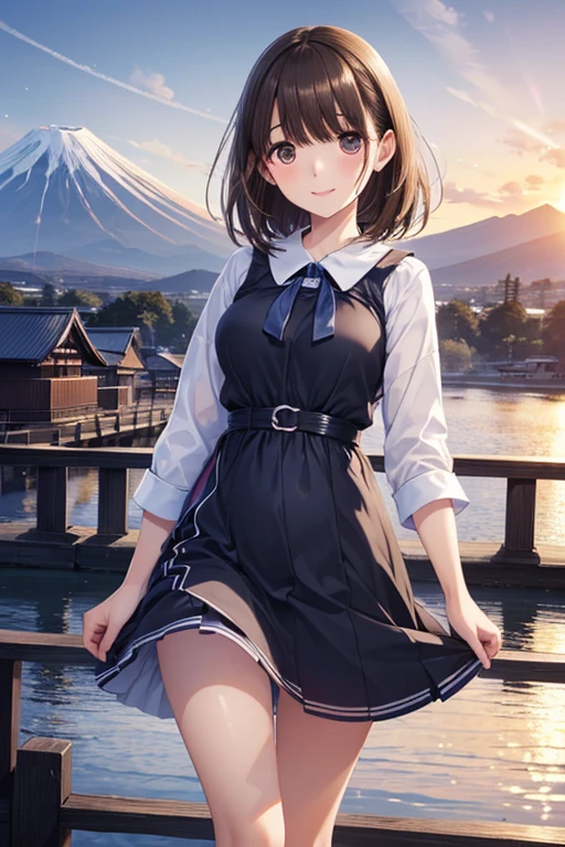 anegasaki nene、Shiny brown hair, short hair, (Beautiful brown eyes、Sparkling eyes, Fine grain)、smile、Ultra-detailed eyes、Very detailed顔, Very detailed目,


(masterpiece、Highest quality、Highest quality、Official Art、Beautiful and beautiful:1.2)、
Japan teenager, Pretty face, Young Face, Thin chin, Pale skin,  Wearing a little A-line dress, walk, sunset, Mt. Fuji in the background, artwork, Advanced Setting, Cozy atmosphere, Pokies,  Cinema Lighting, masterpiece, Very detailed, High resolution, Detailed landscape, Surreal anime, whole body, 135mm lens