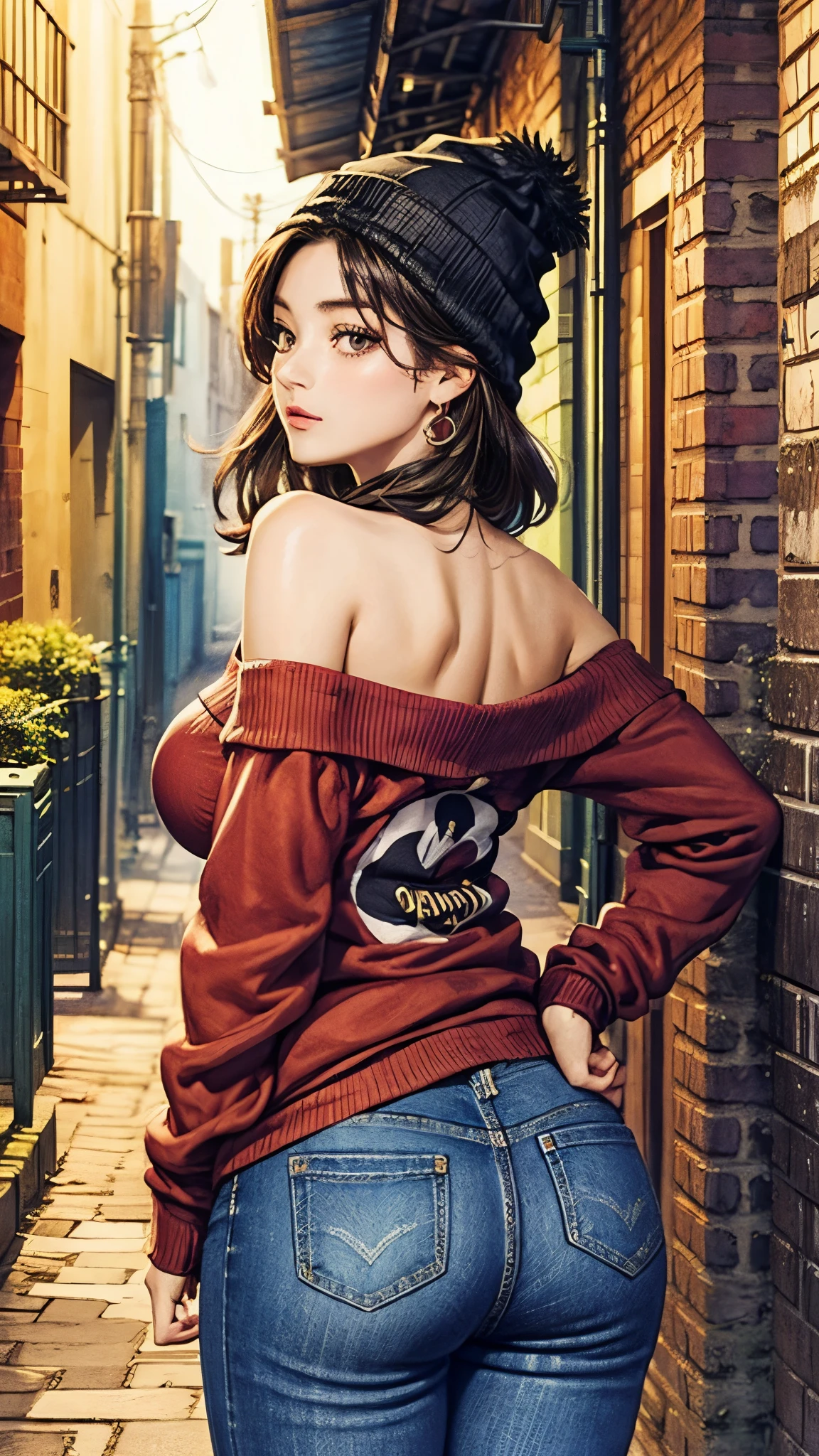 (best quality, masterpiece:1.2), perfect body, slim waist, large breasts, off-shoulder printed sweatshirt, beanies, jeans, back alley, vibrant