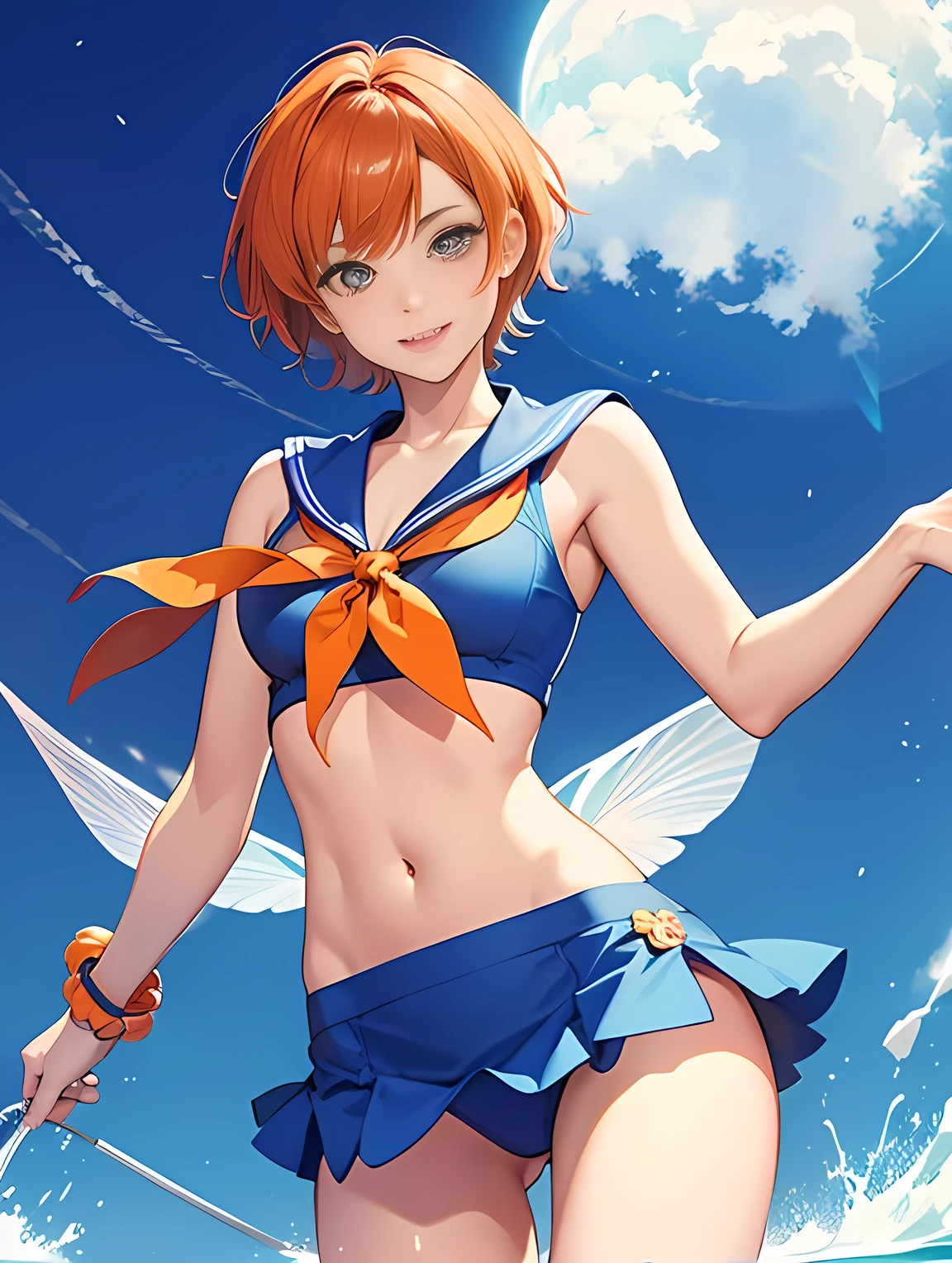 Highest quality, Anatomically correct、A healthy 20-year-old woman、Orange pixie cut:1.5、Super Shortcuts:1.5、On a yacht、Tight waist、Short legs、flashy、Vivid、Exciting、Blue and orange sailor print super short bikini skirt:1.5、I can see her orange panties:1.5,Bright smile