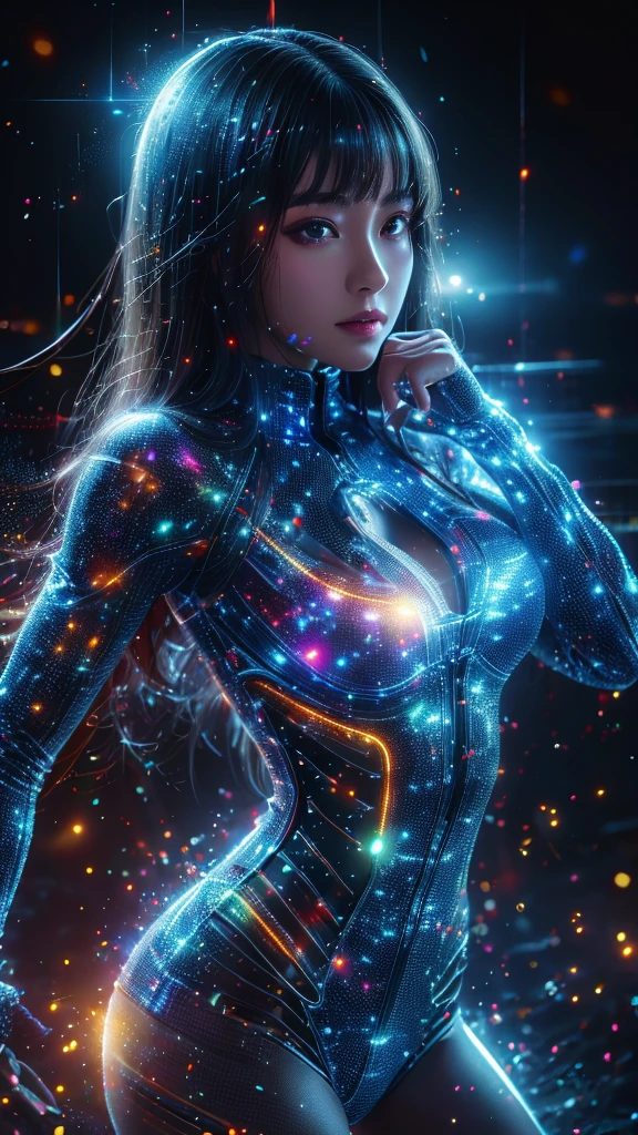 Ultra-Realistic Capture,18k,RAW Photos,Highest quality,masterpiece,reality,Very detailed,live-action,Very beautiful woman,Detailed face,Glowing Skin,Rainbow,Automata,cyber punk,18-year-old ,Model body type,slim,So many LEDs,Clothes made of light particles,Machine Body,Electronic devices embedded in the body,transparent,Very detailedな電子機器,Connection line,Rainbow colors,非常に長いneonカラーの髪,whole body,Large Breasts,Acrobatic poses,Raise the middle finger,neon,Long limbs,