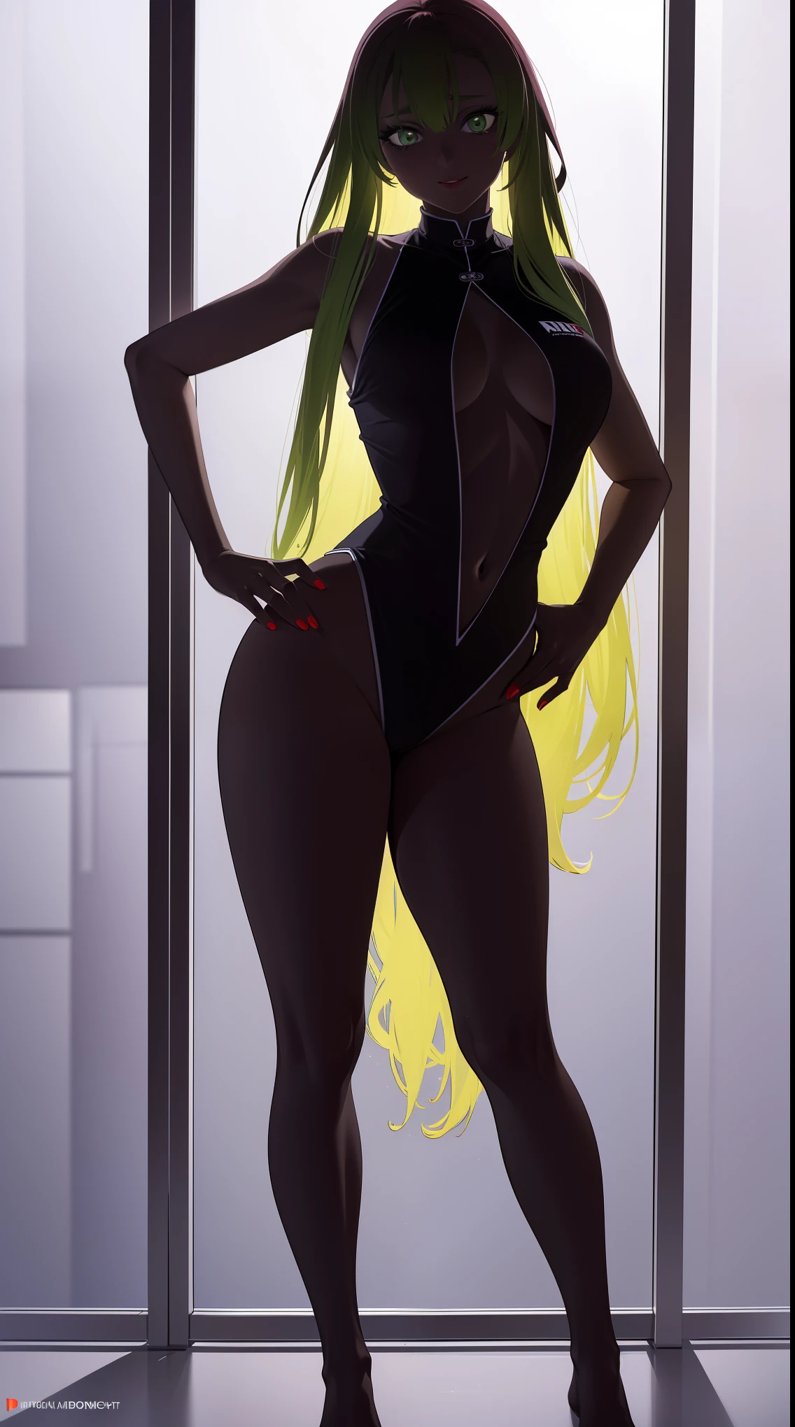 Hyper-realistic super detailed sexy Mitsuri Kanroji, NSFW, Very detailed, sexy facial expressions, Detail of seductive facial expression.: 1.4): 0.4], 16K resolution, 4k-resolution, dynamic  lighting, high-definition resolution, (pose sexy, Attractive position), (hyperrealistic: 1.4), (Backlight: 1.2), (Sun light: 1), (full height: 1.8),(contrasting background: 1.5), (Hyperrealistic arm anatomy), (hyperrealistic leg anatomy), (clean skin), (cinematic lighting: 1.7), (intimate), (NVIDIA RTX Ray Tracing Technology), (Perfect flat stomach), (color image),Create a 4K resolution, ultrarealistic, and extremely detailed artwork depicting a Mitsuri Kanroji CEO in a provocatively styled corporate office environment. Mitsuri Kanroji, the central character of the work of art., Known for her commanding presence and bold appearance. She stands in front of a large glass window of a modern office that offers a view of the cityscape..

 ((Mitsuri Kanroji (Murderer of demons))), a girl with long pinkish green gradient hair and green eyes, green hair, ombre hair, multicolored hair, Long hair. Sha has an imposing presence. It has a provocative but professional silhouette, with a fitted business suit that subtly highlights your figure. Her bold makeup, with striking red lips and a look that demands attention.

She dressed provocatively,  A bold fashion statement. bright colored leotard, a touch of glamor to your overall appearance. shy and weak smile